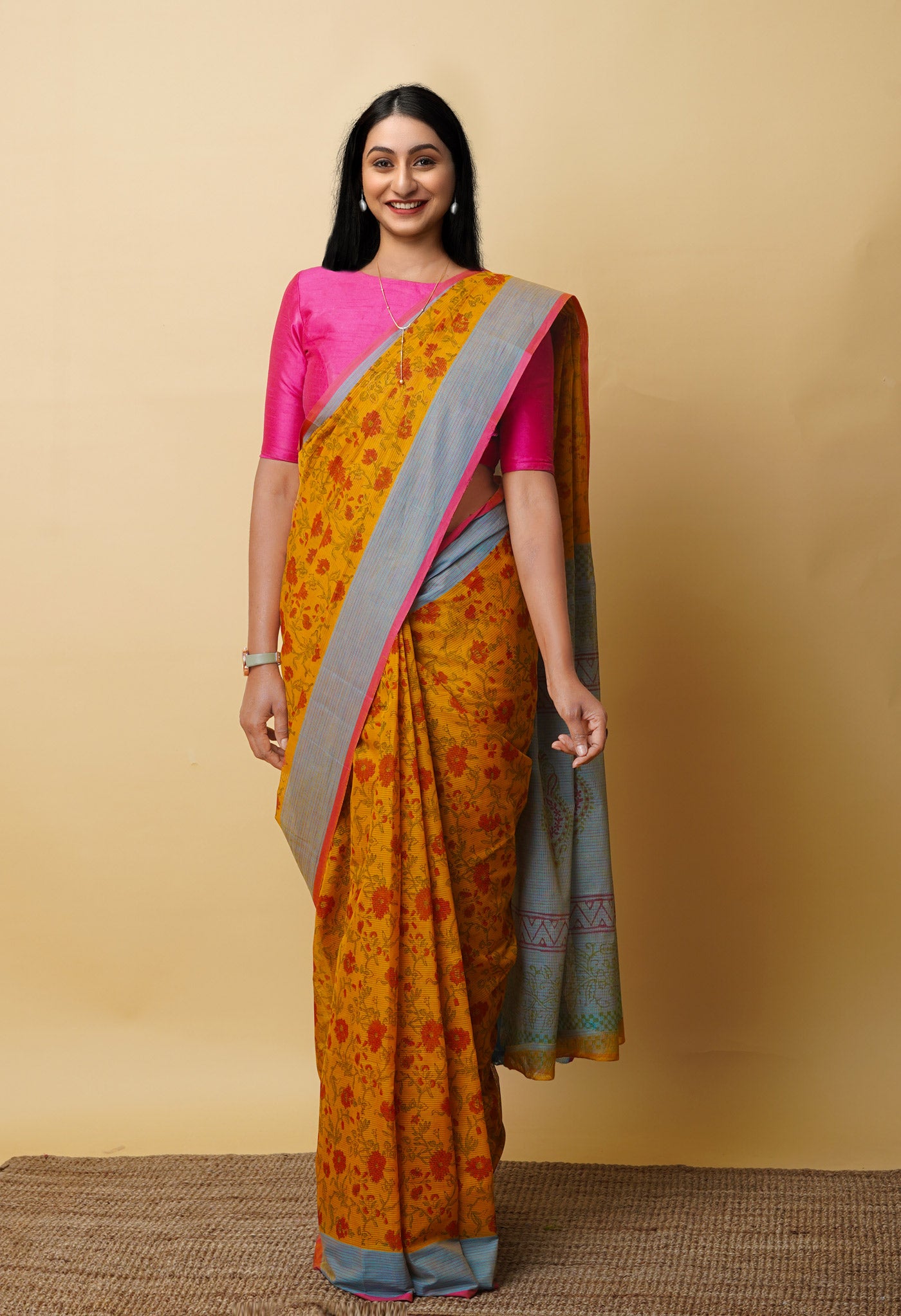 Yellow Pure Block Printed Mangalgiri Cotton Saree