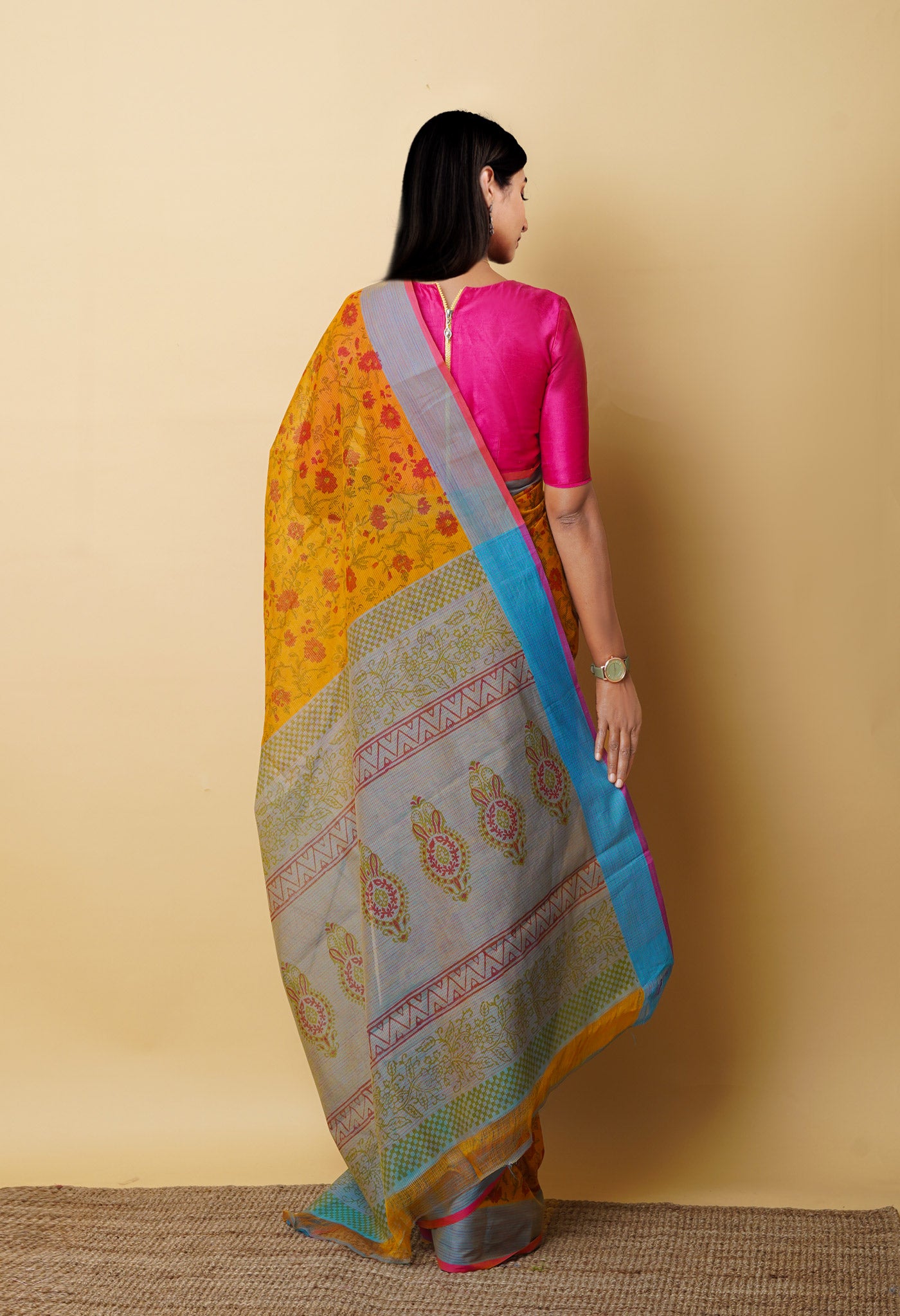 Yellow Pure Block Printed Mangalgiri Cotton Saree