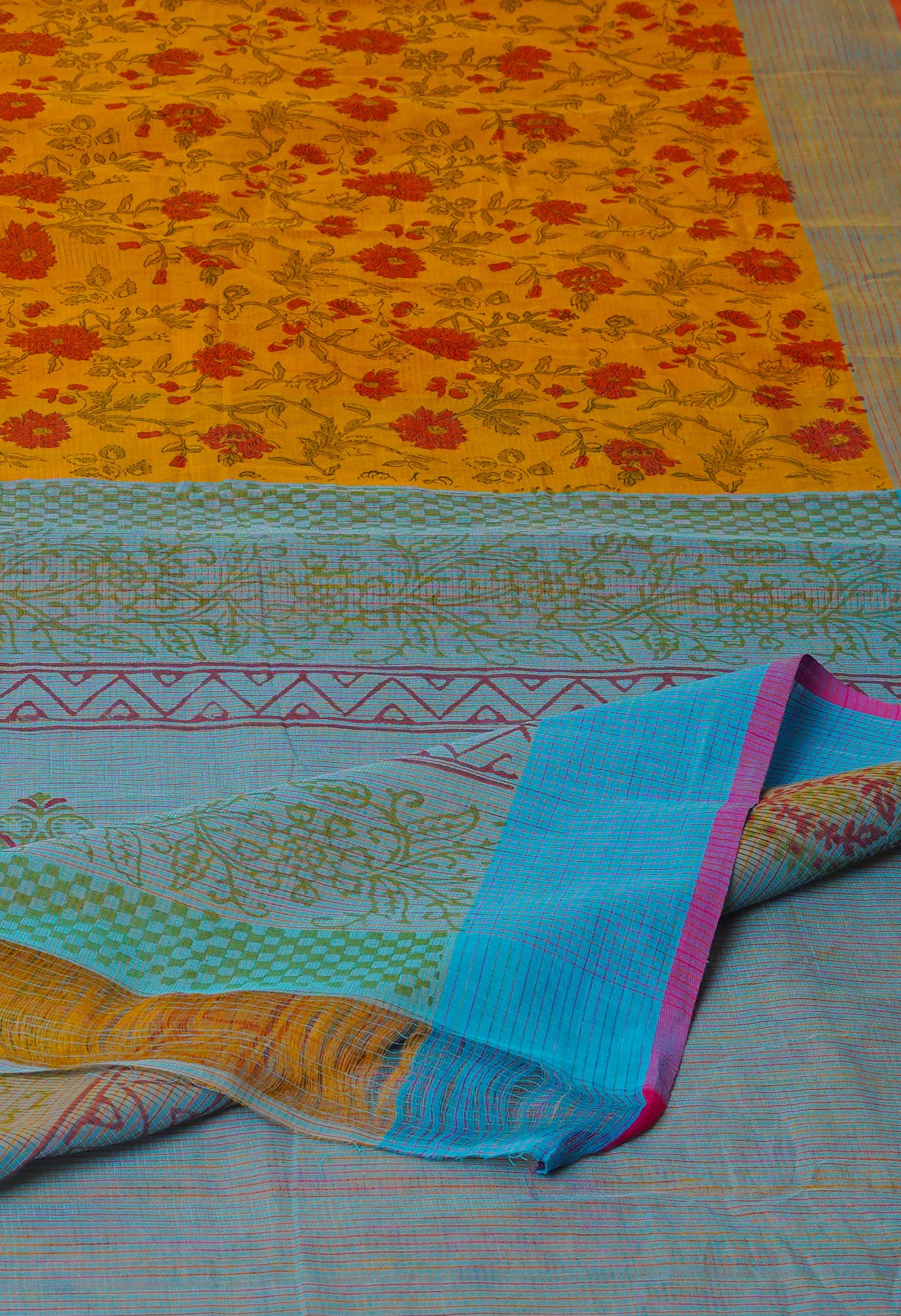 Yellow Pure Block Printed Mangalgiri Cotton Saree