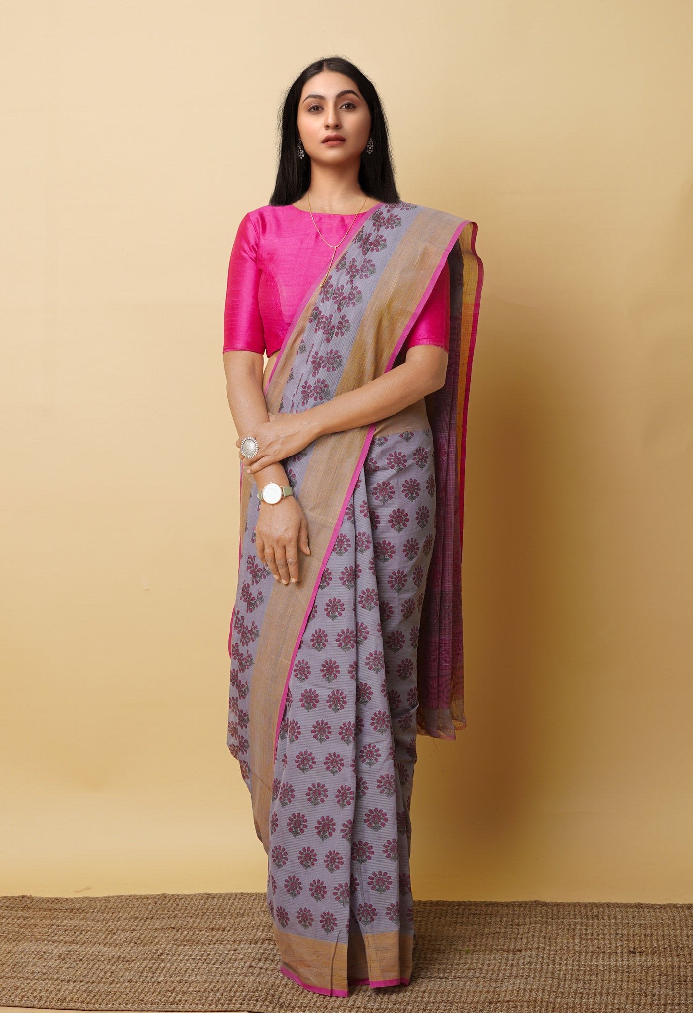 Grey Pure Block Printed Mangalgiri Cotton Saree