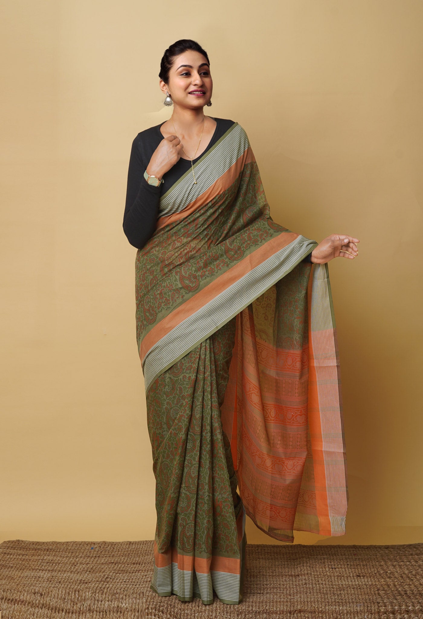 Green Pure Block Printed Mangalgiri Cotton Saree