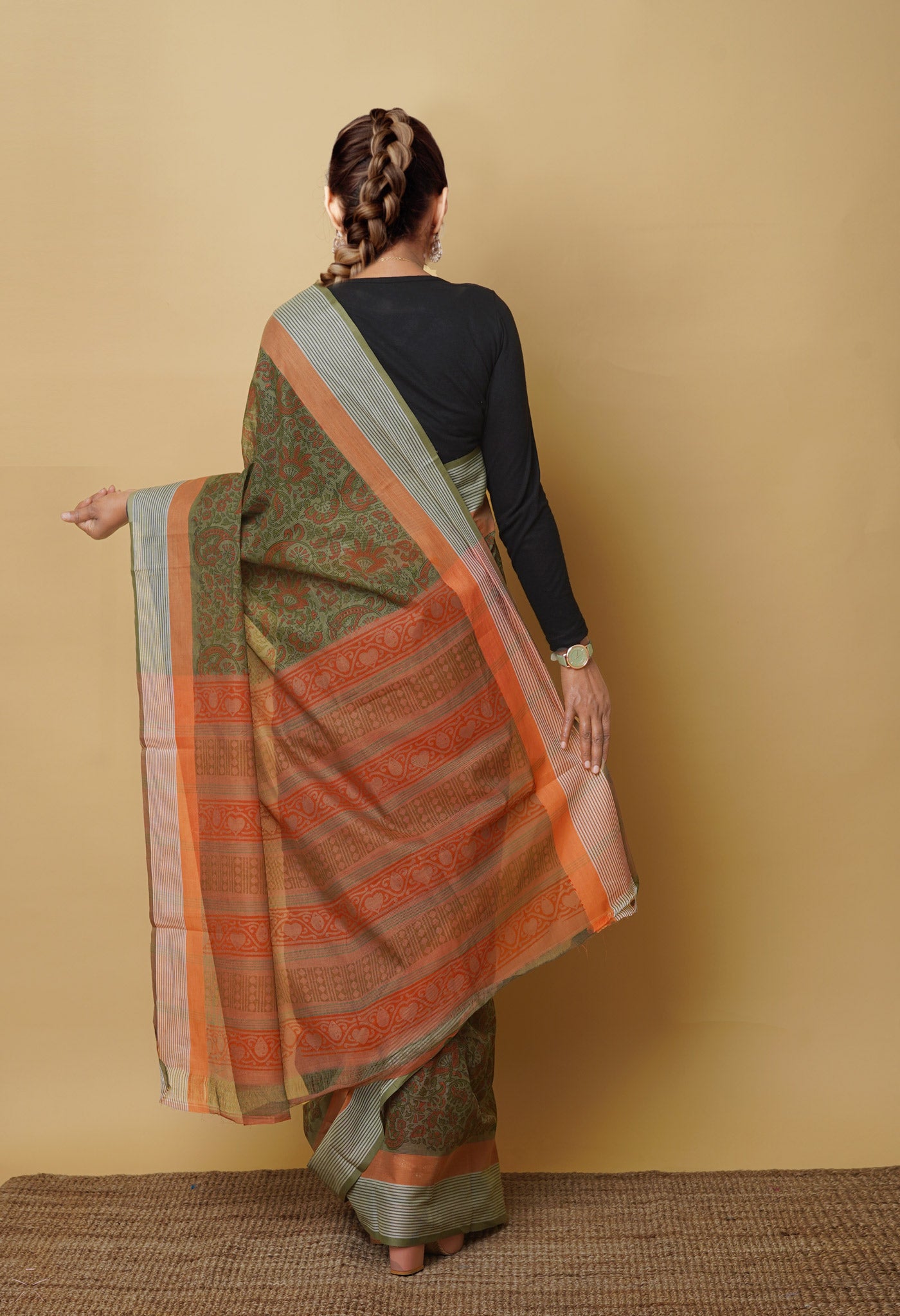 Green Pure Block Printed Mangalgiri Cotton Saree