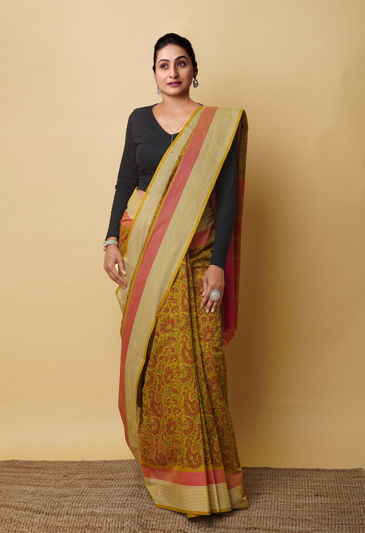 Mehind Green Pure Block Printed Mangalgiri Cotton Saree