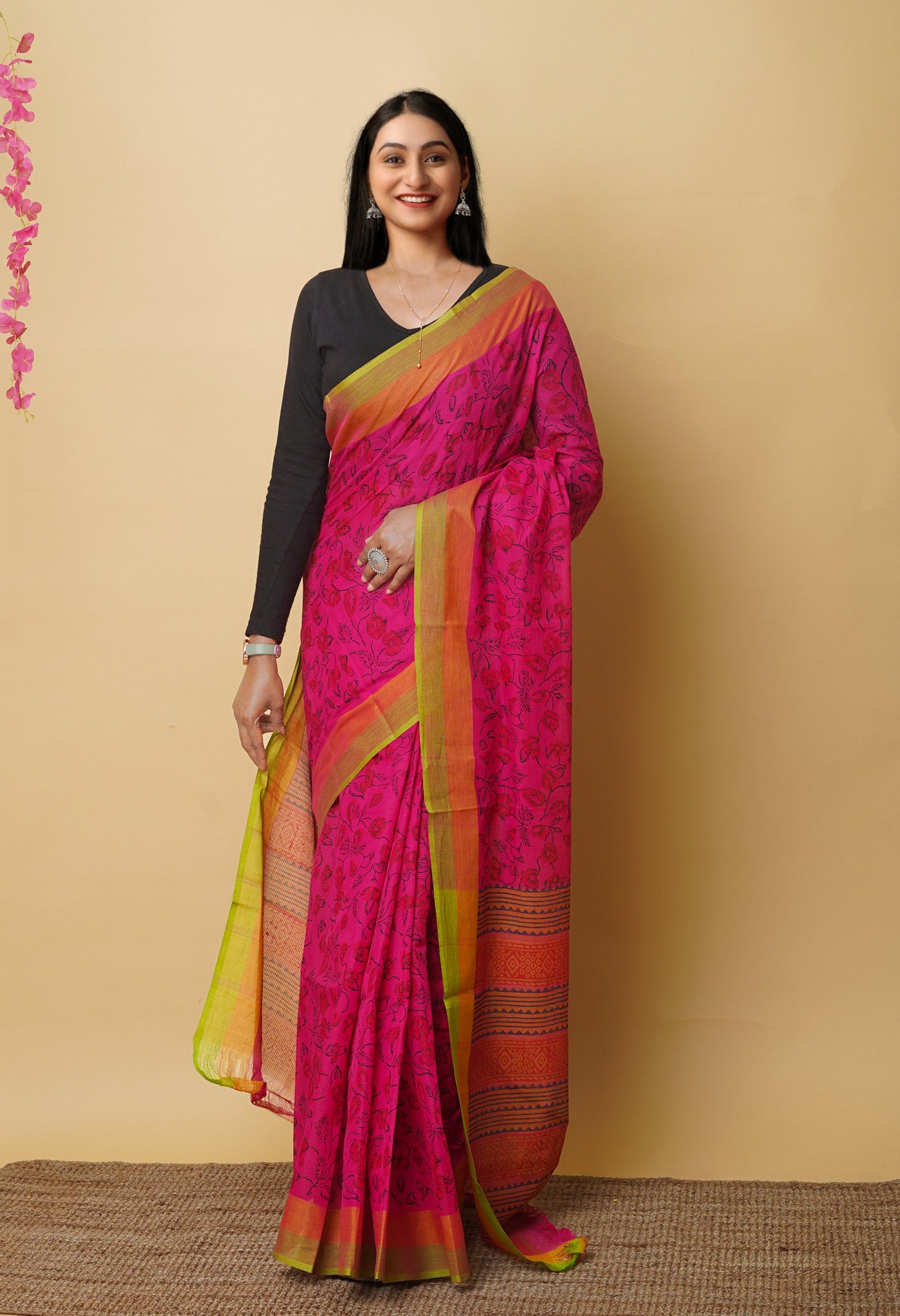 Pink Pure Block Printed Mangalgiri Cotton Saree