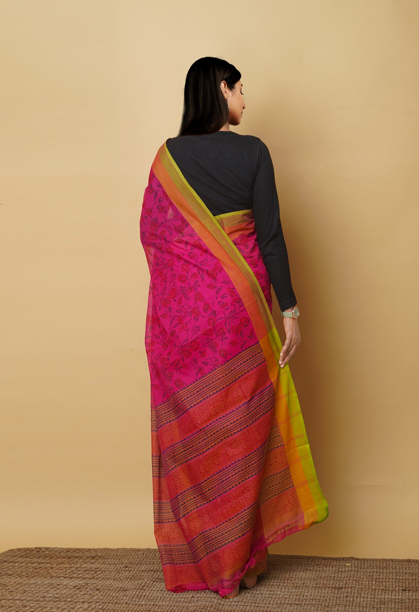 Pink Pure Block Printed Mangalgiri Cotton Saree