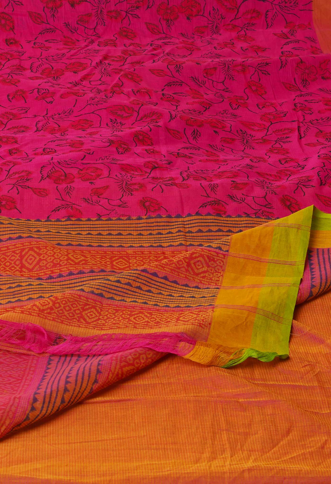 Pink Pure Block Printed Mangalgiri Cotton Saree