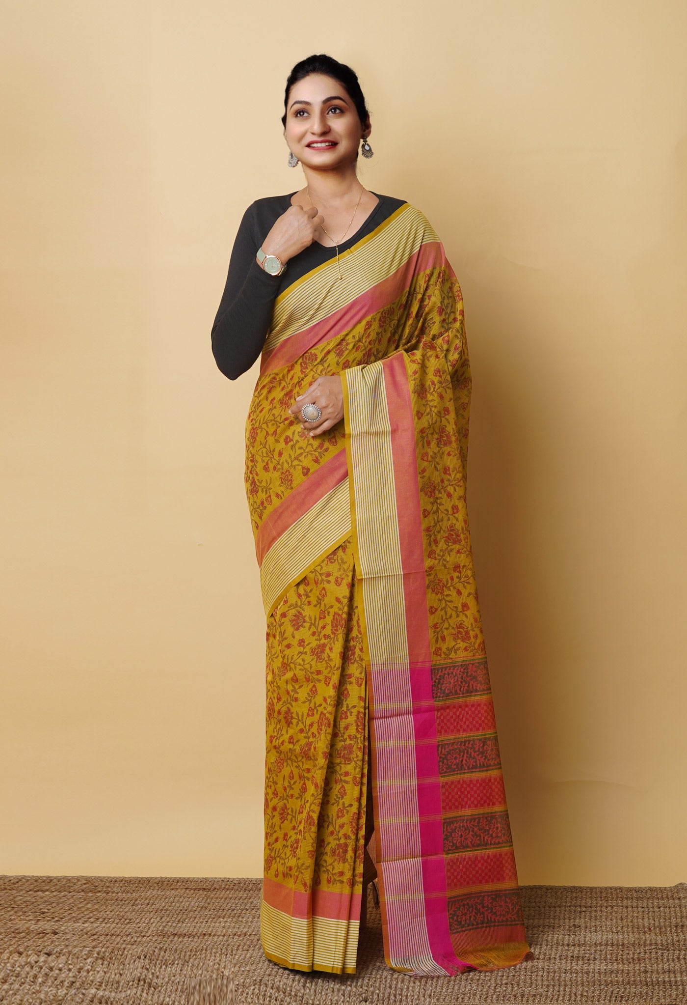 Mehind Green Pure Block Printed Mangalgiri Cotton Saree