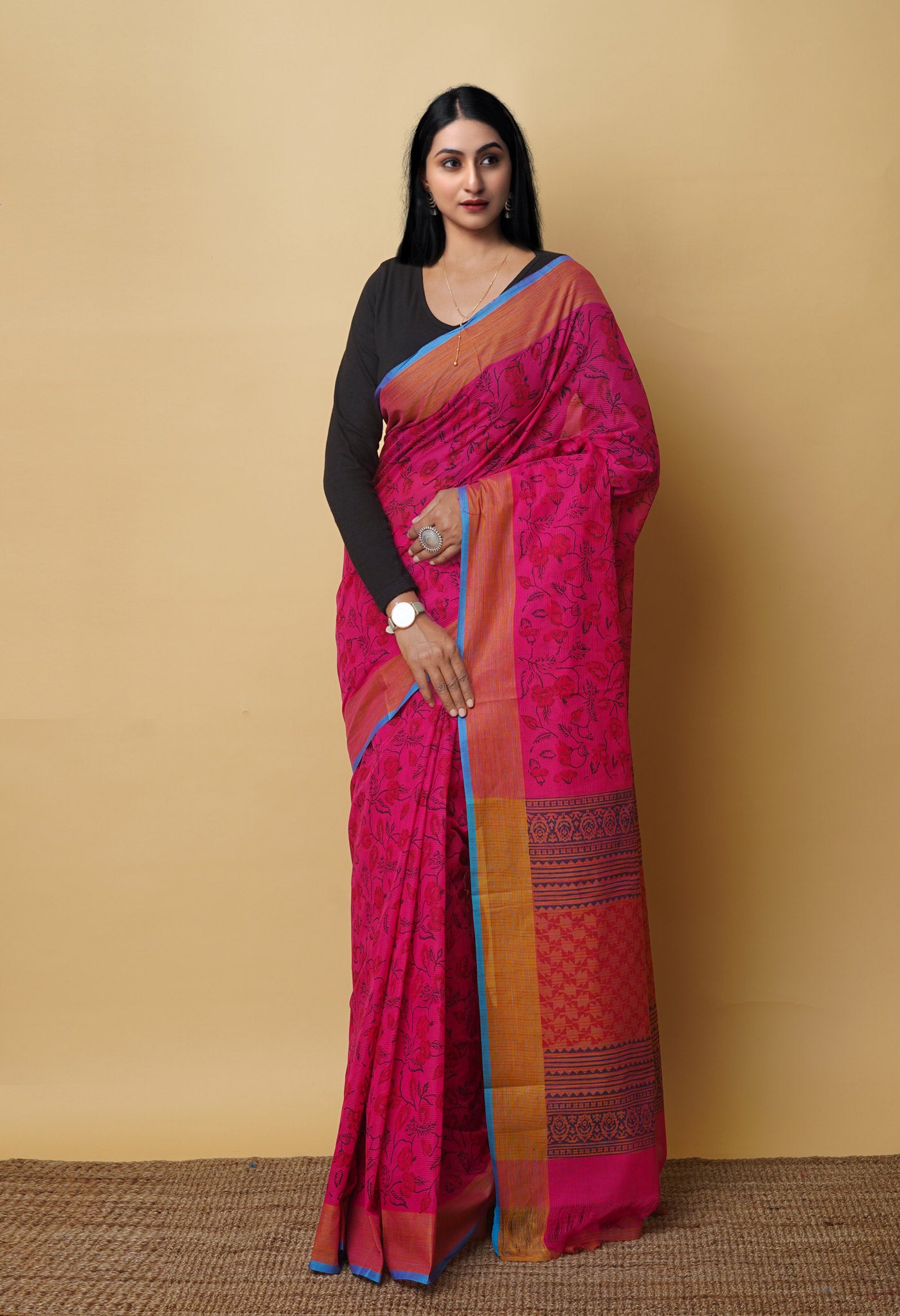 Pink Pure Block Printed Mangalgiri Cotton Saree