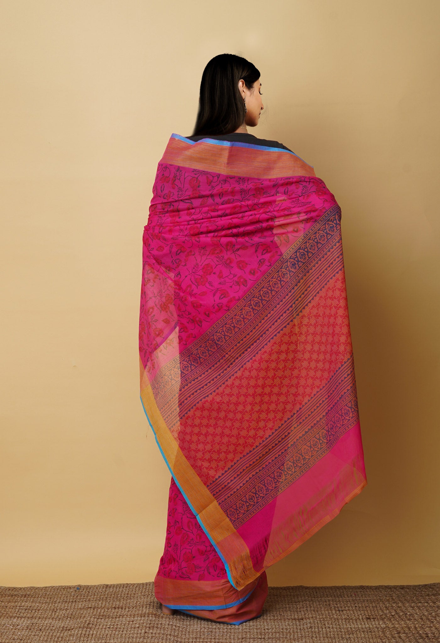 Pink Pure Block Printed Mangalgiri Cotton Saree
