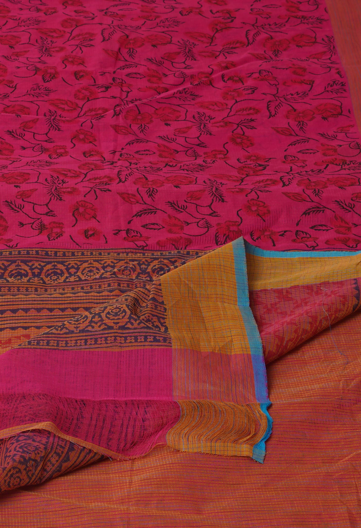 Pink Pure Block Printed Mangalgiri Cotton Saree