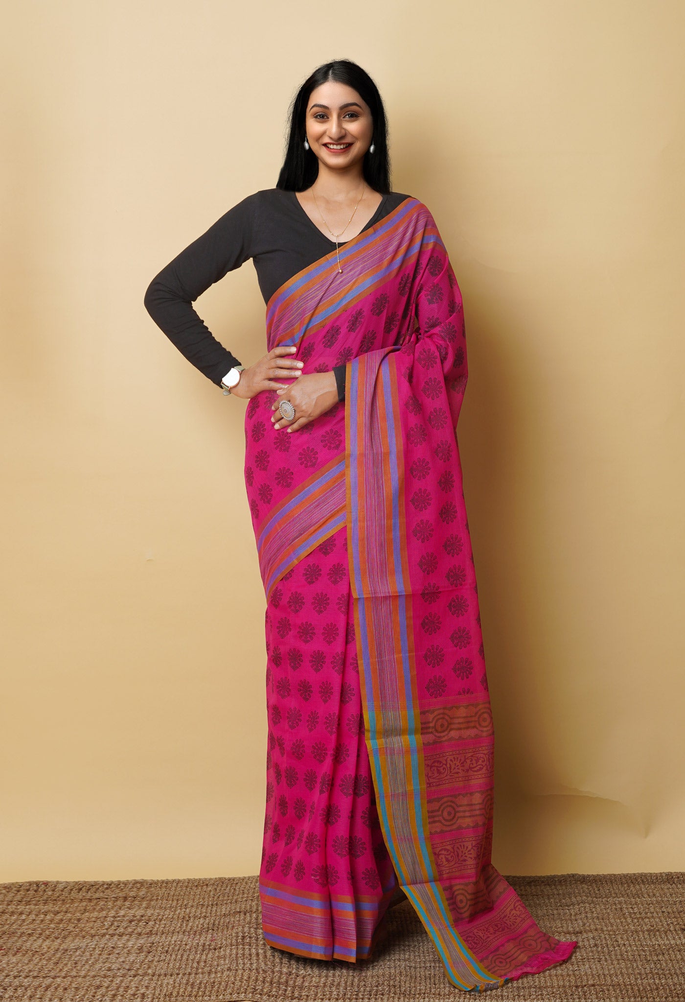 Pink Pure Block Printed Mangalgiri Cotton Saree