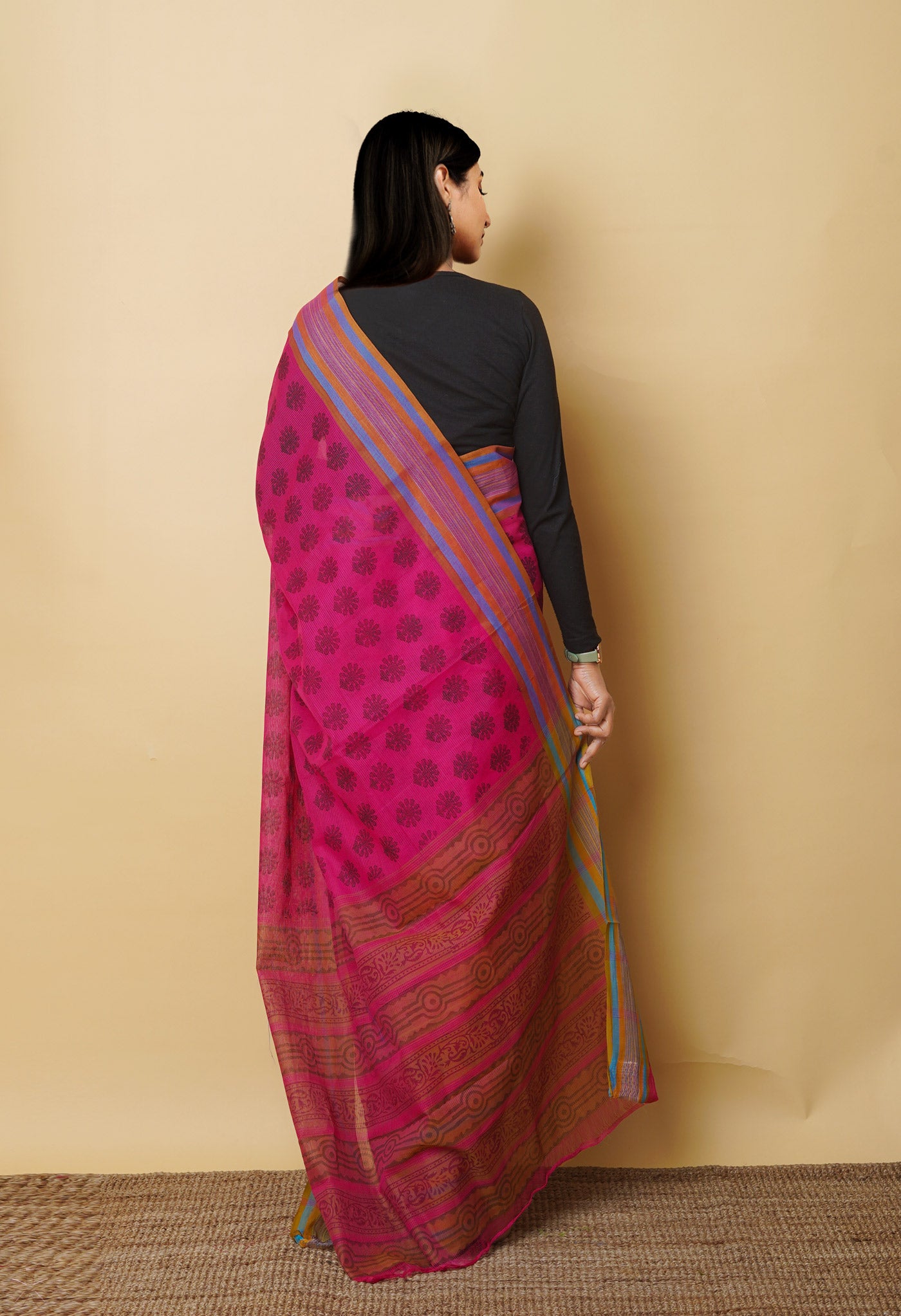 Pink Pure Block Printed Mangalgiri Cotton Saree