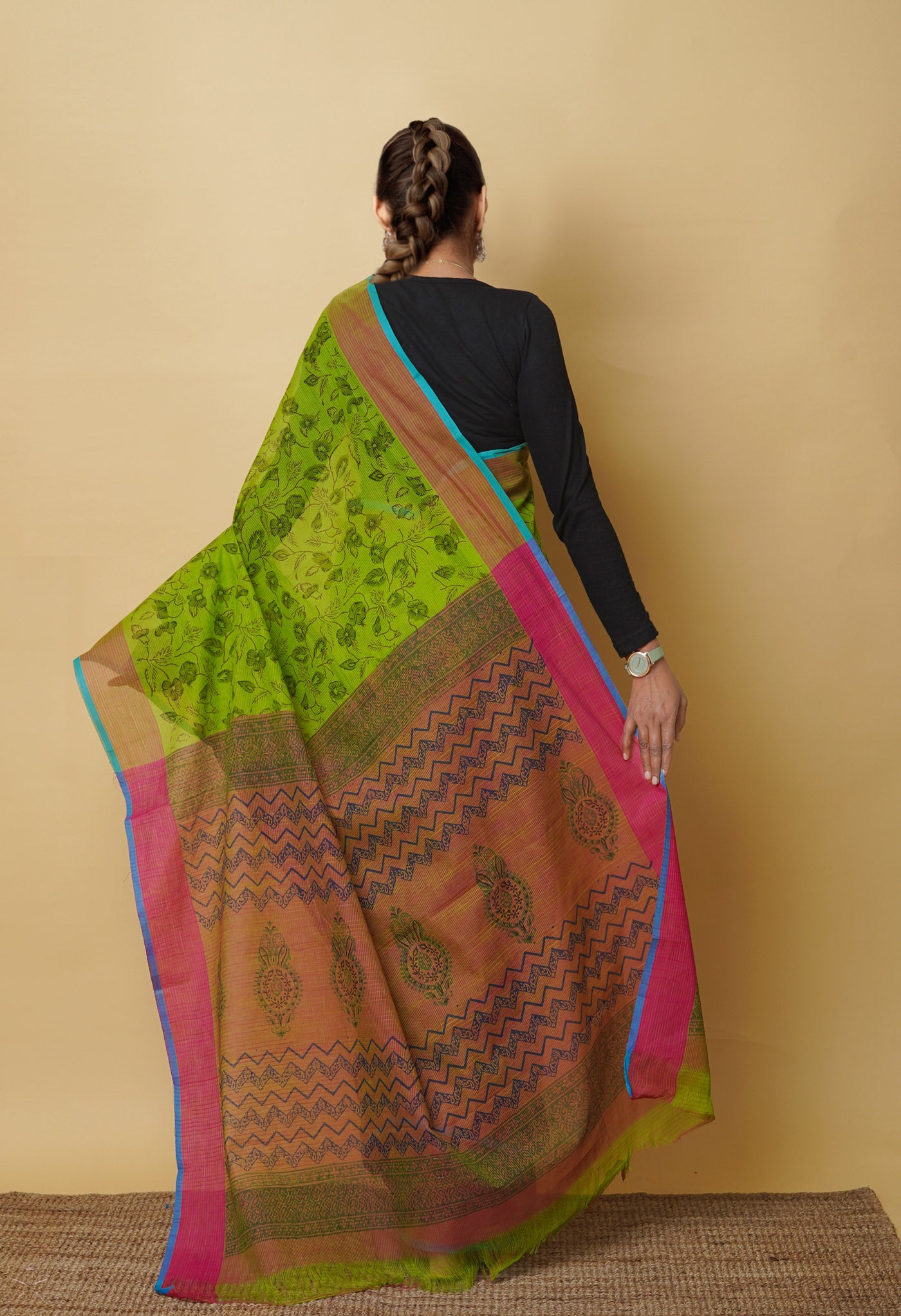 Green Pure Block Printed Mangalgiri Cotton Saree