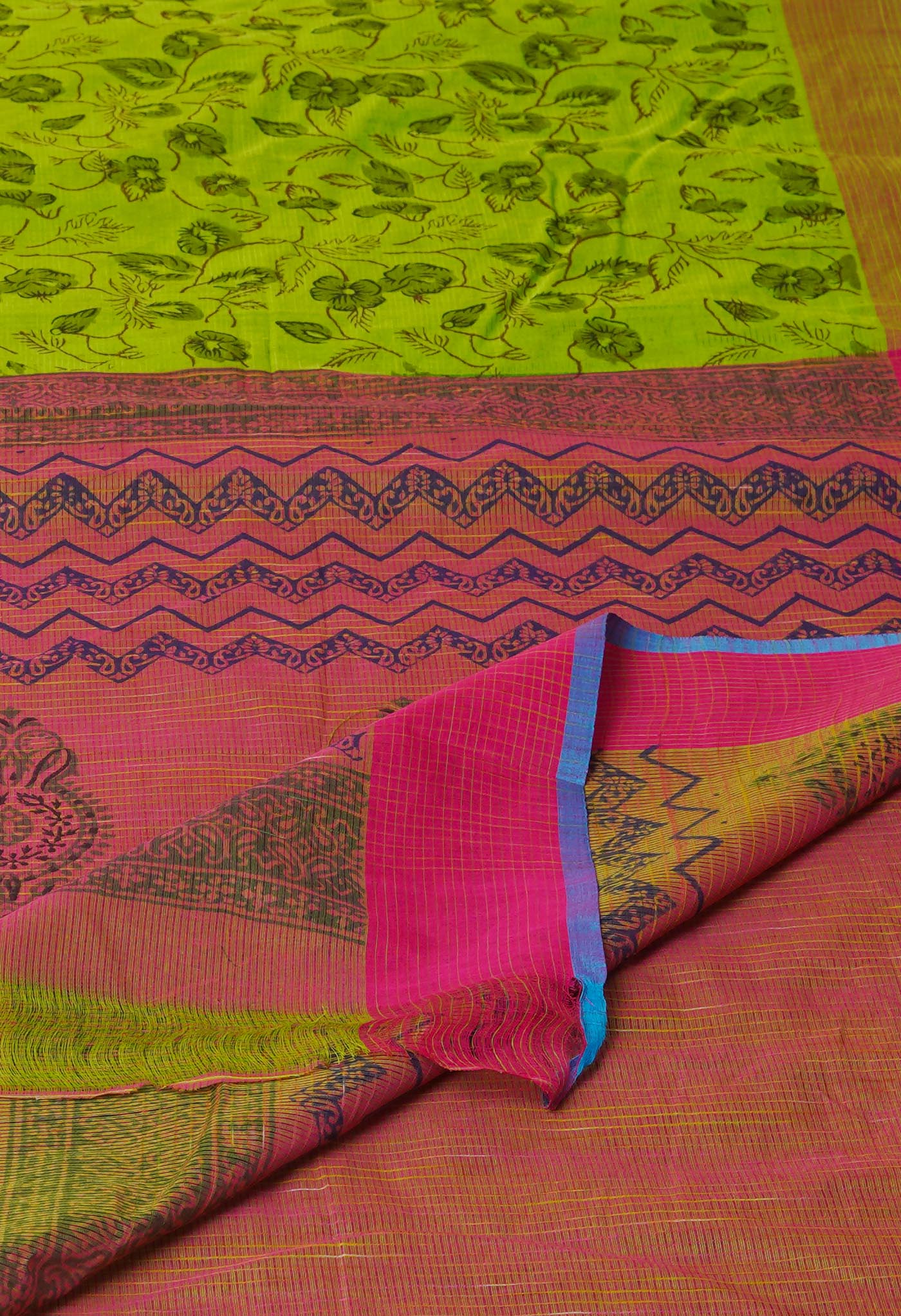 Green Pure Block Printed Mangalgiri Cotton Saree