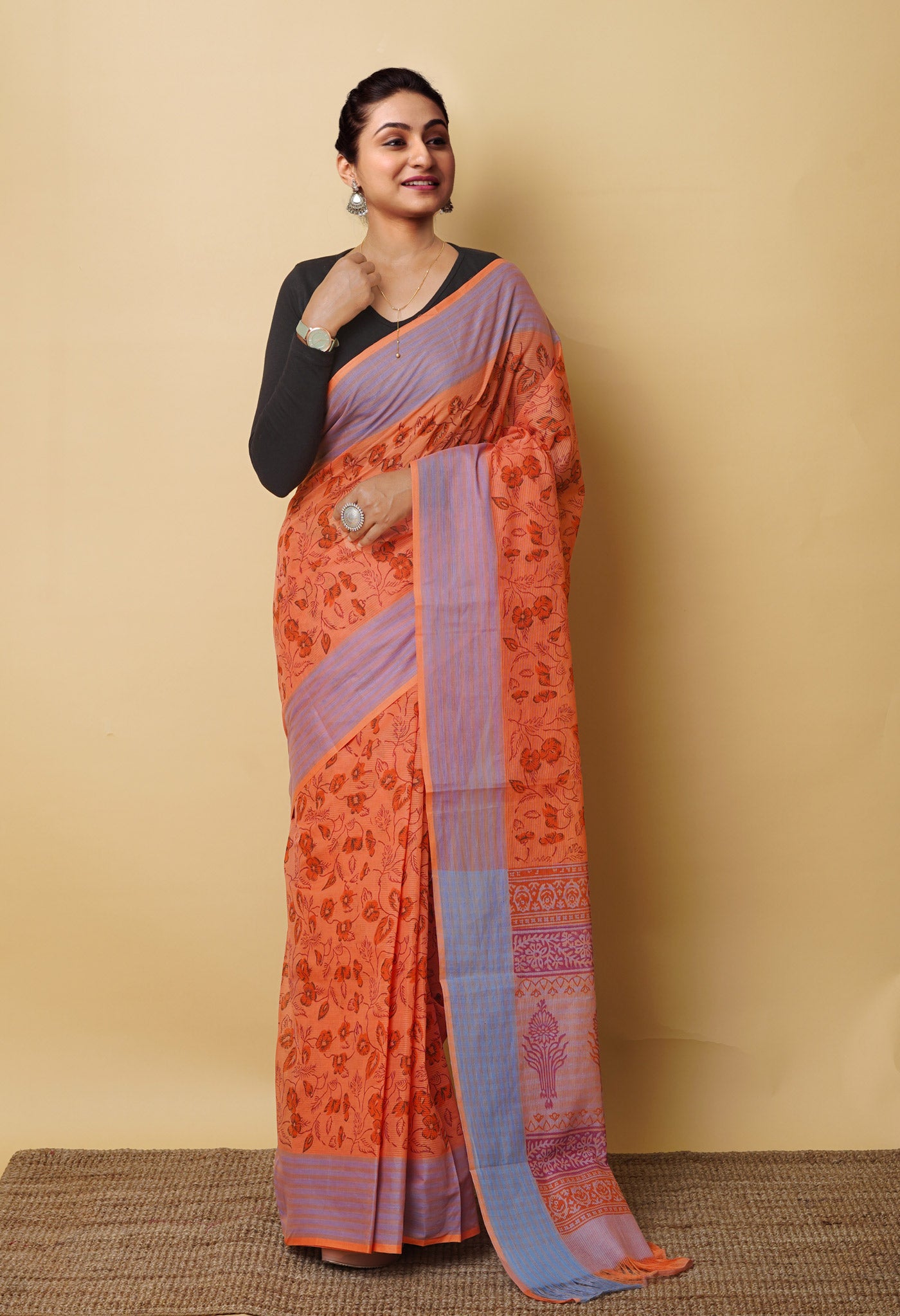 Orange Pure Block Printed Mangalgiri Cotton Saree