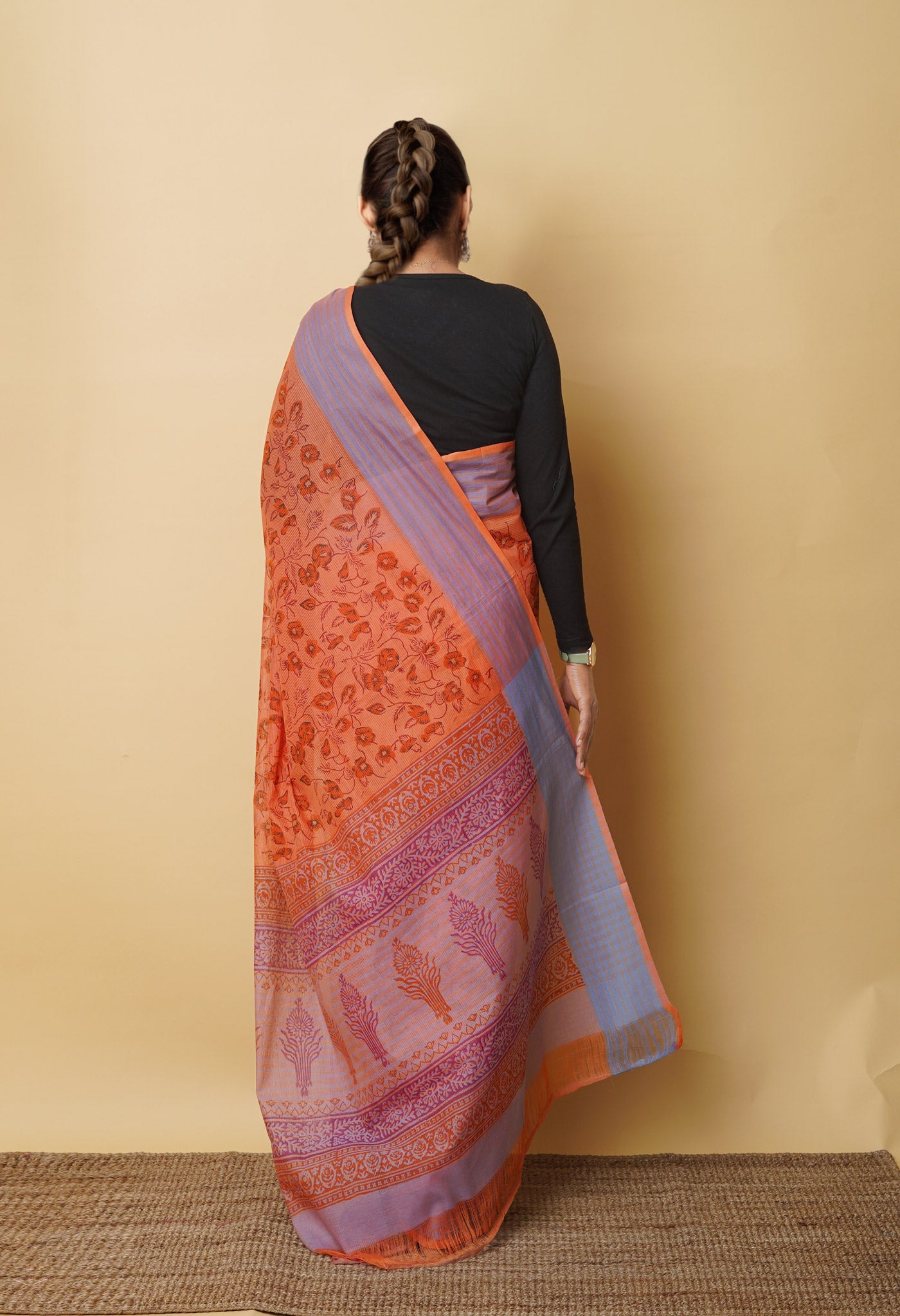 Orange Pure Block Printed Mangalgiri Cotton Saree