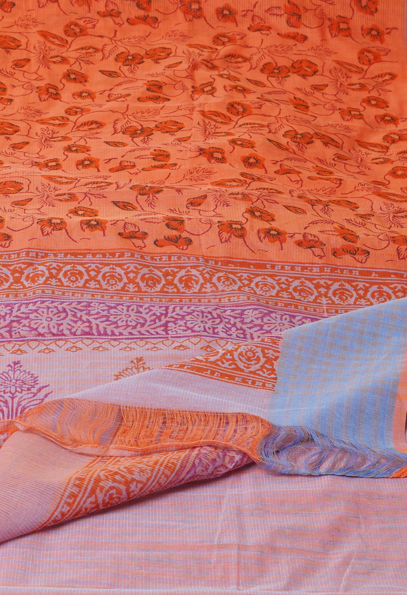Orange Pure Block Printed Mangalgiri Cotton Saree