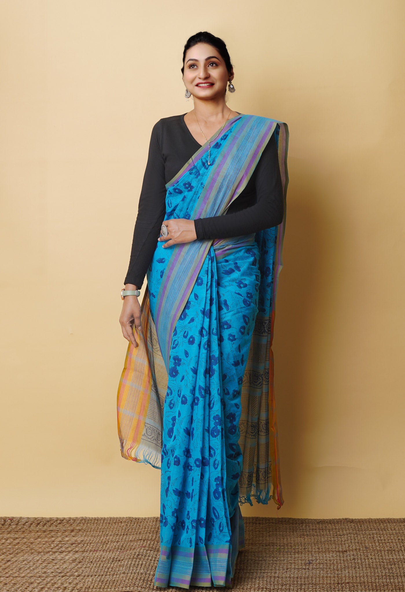 Blue Pure Block Printed Mangalgiri Cotton Saree