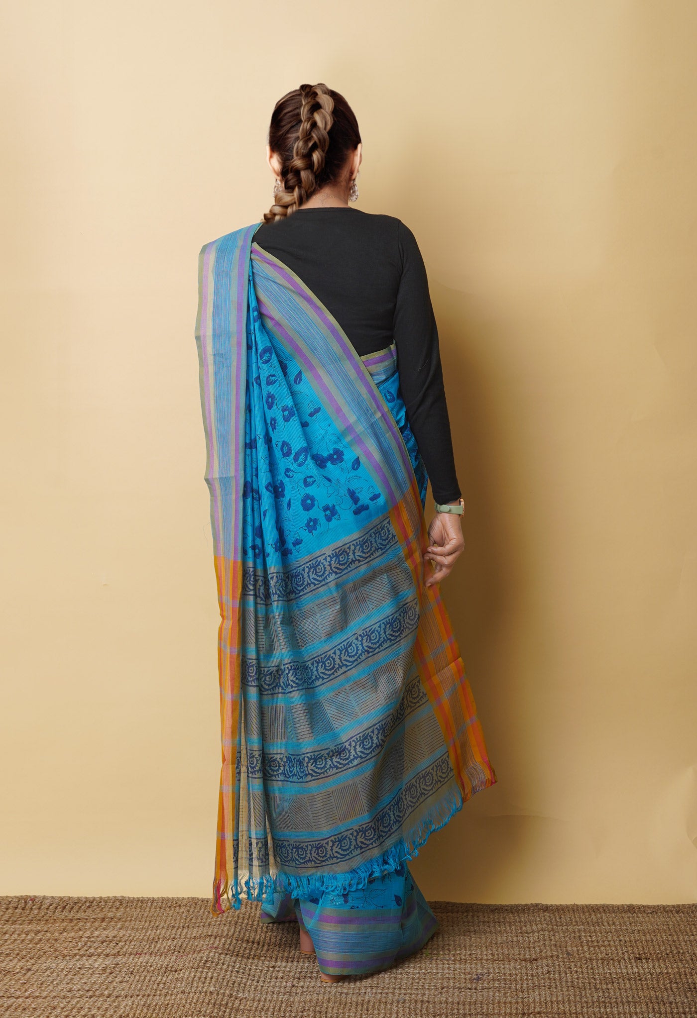 Blue Pure Block Printed Mangalgiri Cotton Saree
