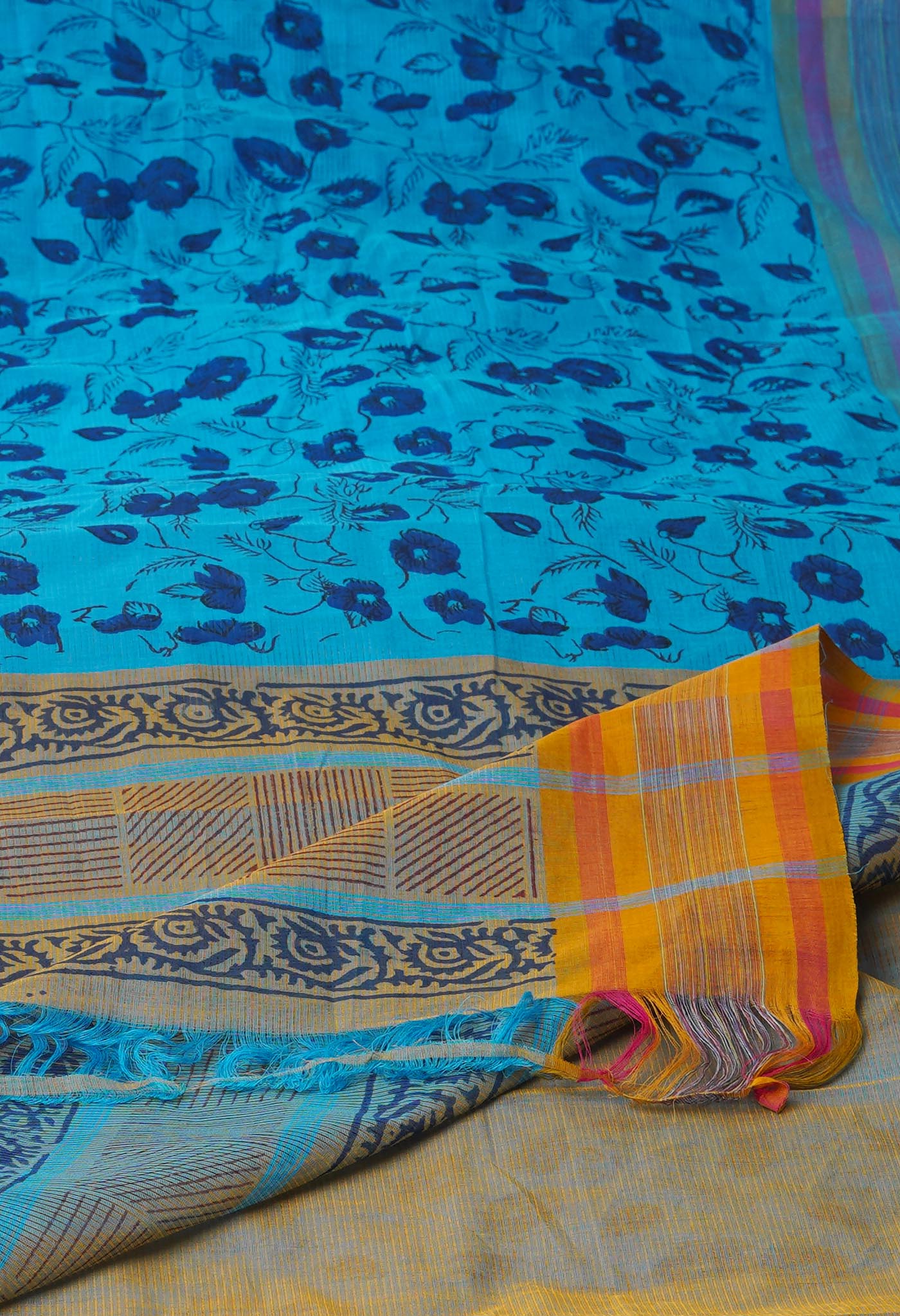 Blue Pure Block Printed Mangalgiri Cotton Saree