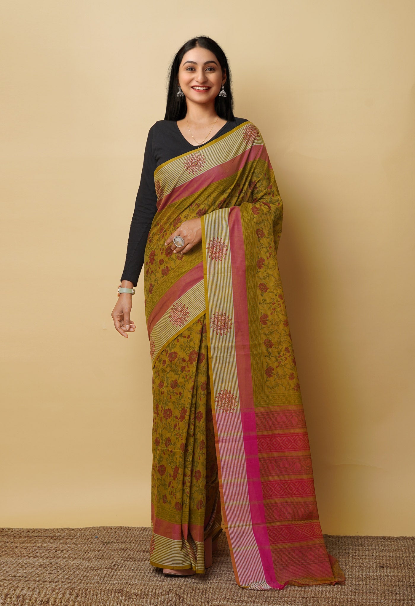 Mehind Green Pure Block Printed Mangalgiri Cotton Saree
