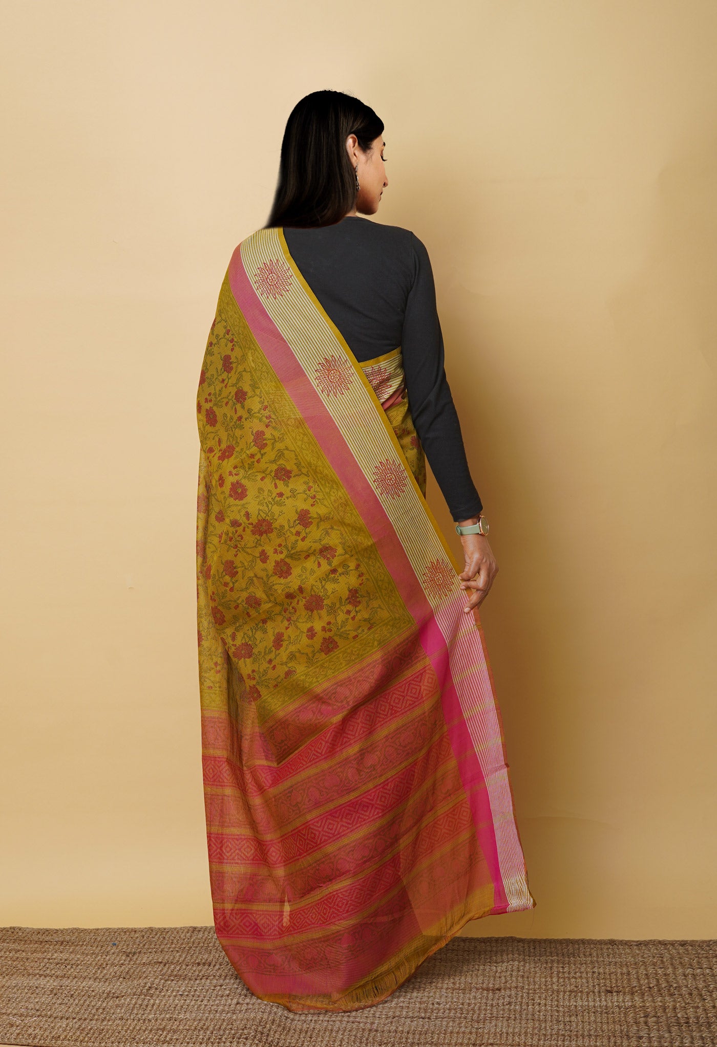 Mehind Green Pure Block Printed Mangalgiri Cotton Saree