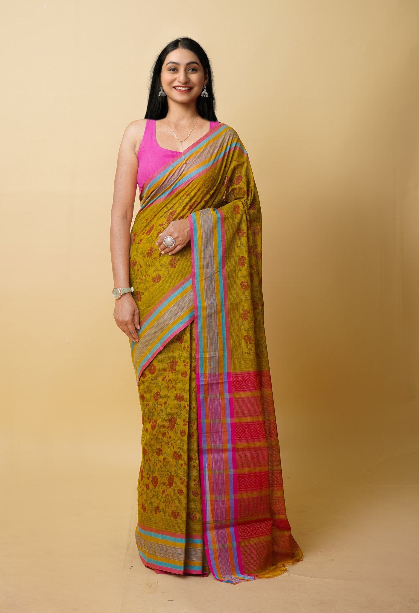 Mehind Green Pure Block Printed Mangalgiri Cotton Saree