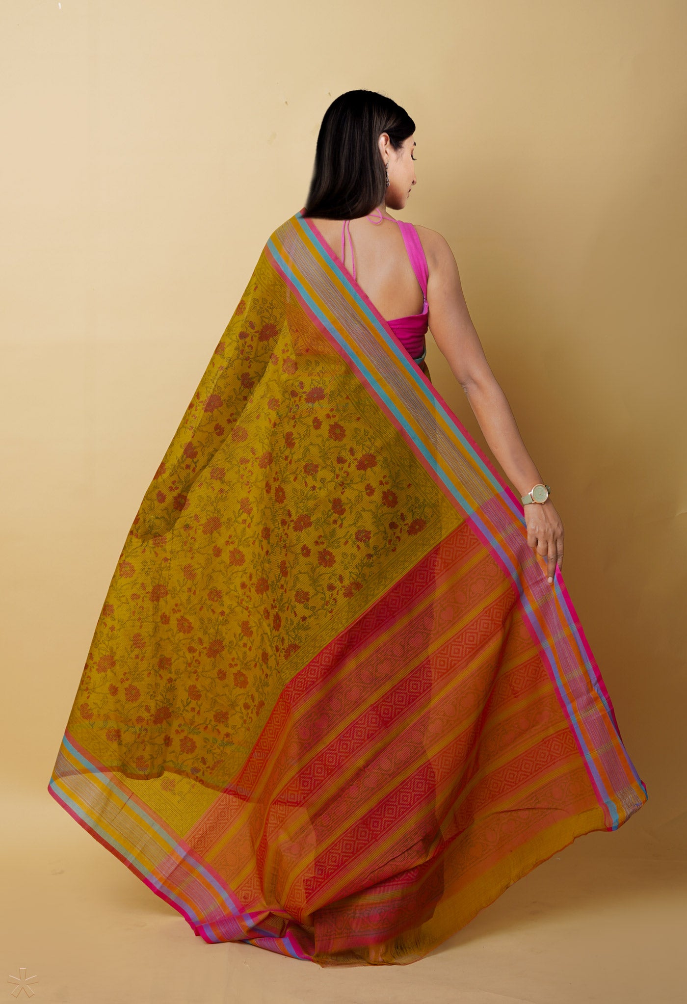 Mehind Green Pure Block Printed Mangalgiri Cotton Saree
