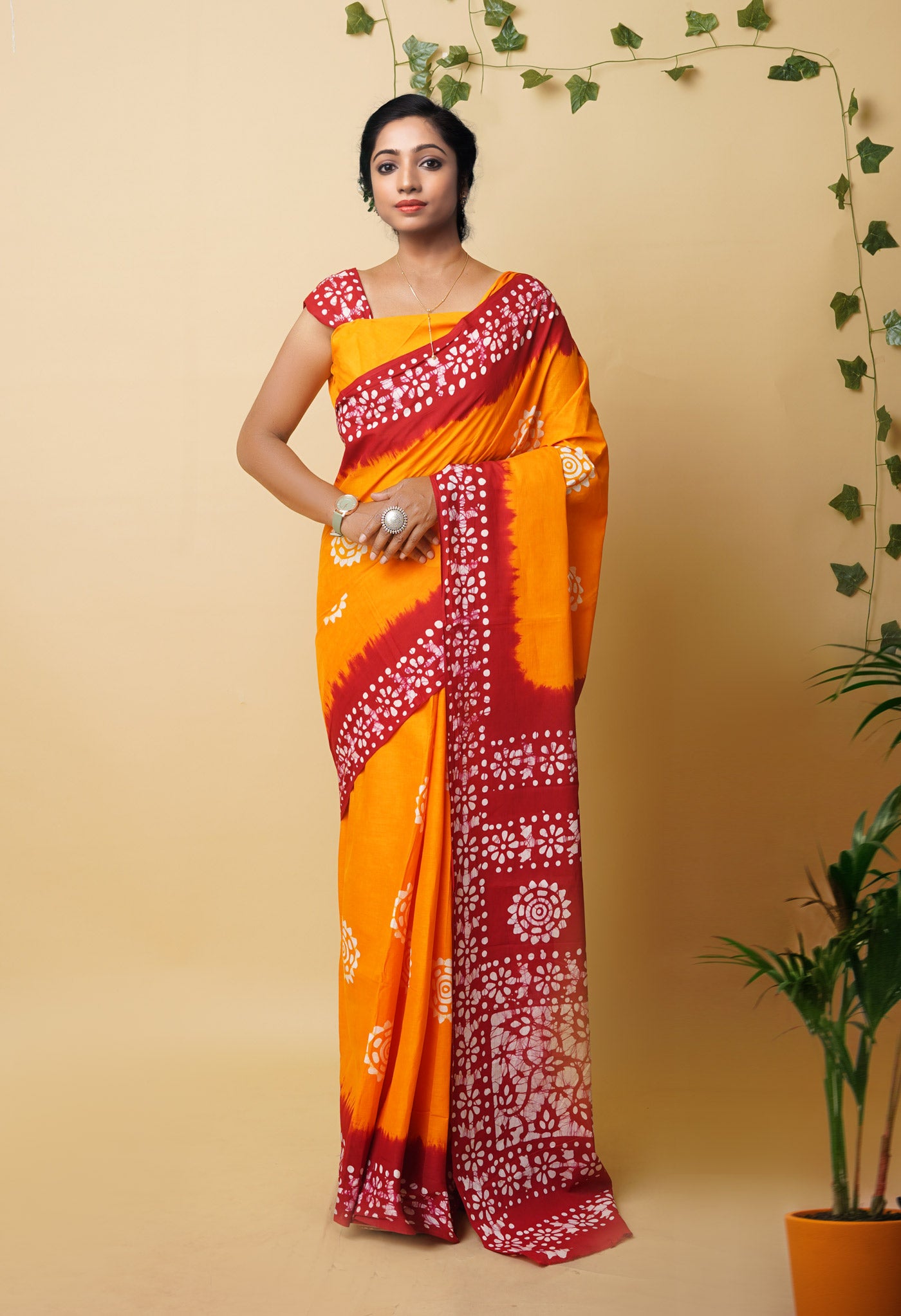 Yellow Pure Wax Batik Printed Superfine Mulmul Cotton Saree