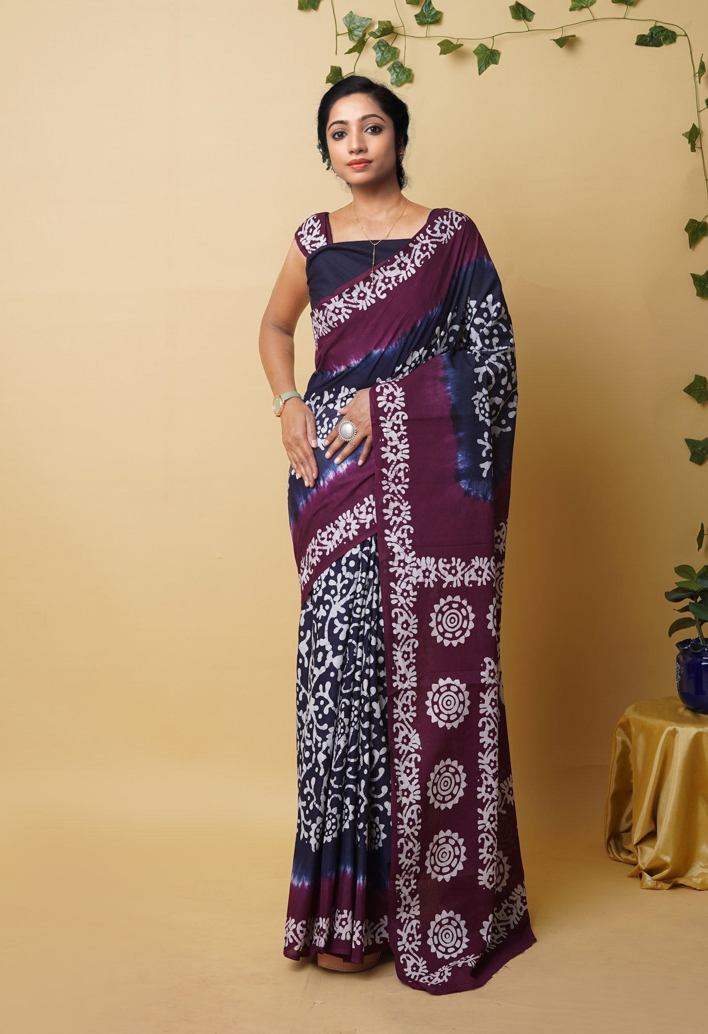 Navy Blue Pure Wax Batik Printed Superfine Mulmul Cotton Saree