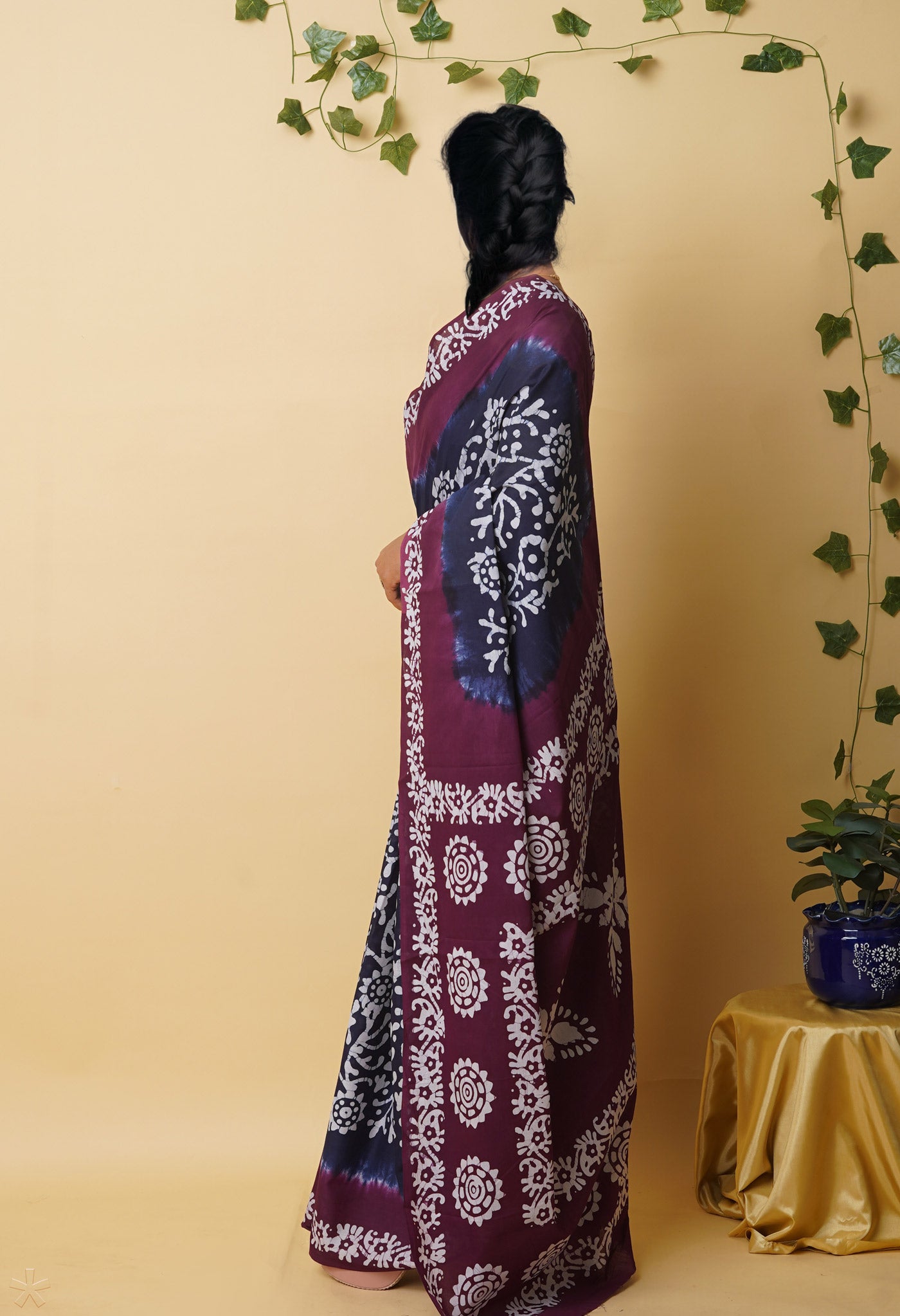 Navy Blue Pure Wax Batik Printed Superfine Mulmul Cotton Saree