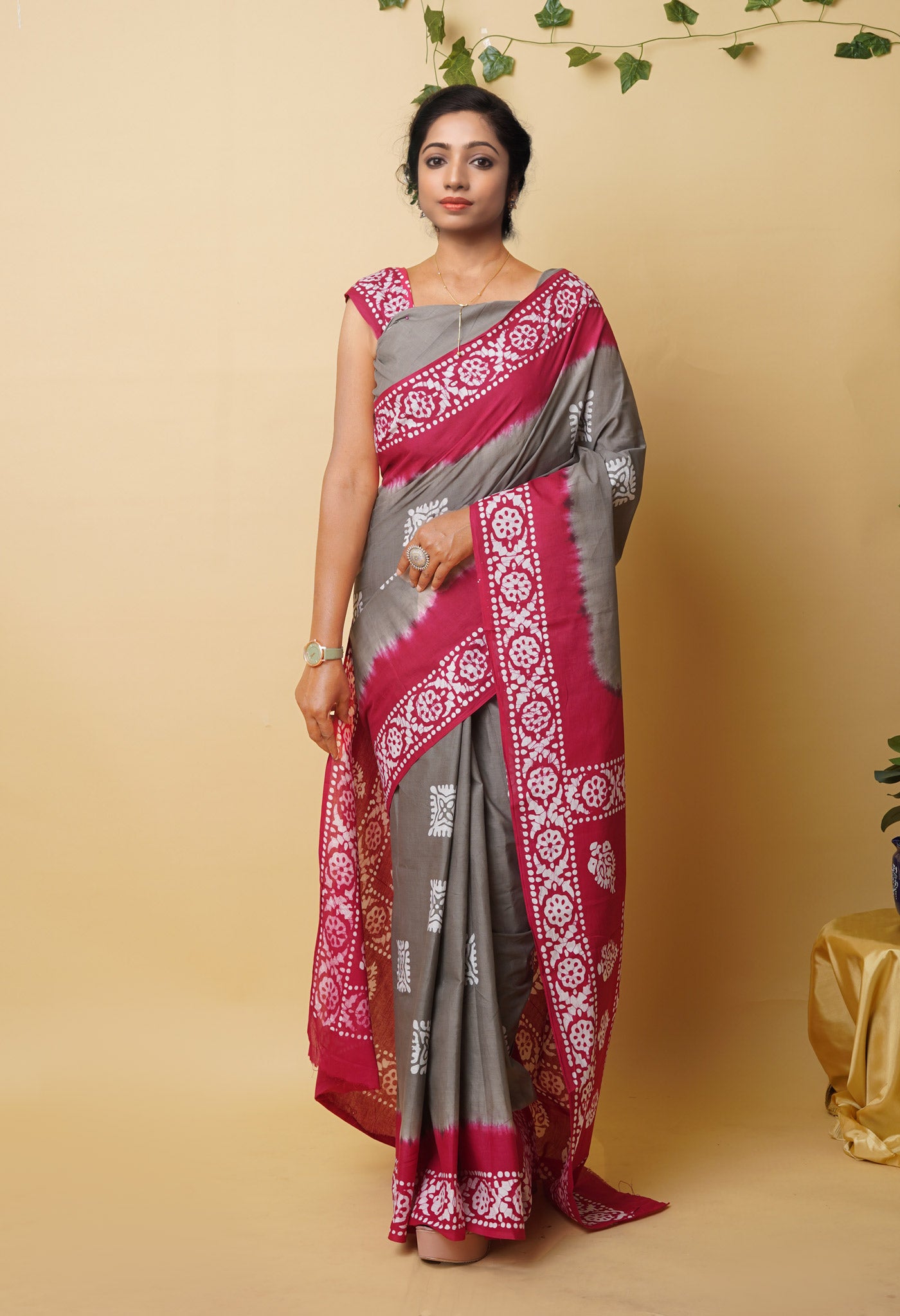 Grey Pure Wax Batik Printed Superfine Mulmul Cotton Saree