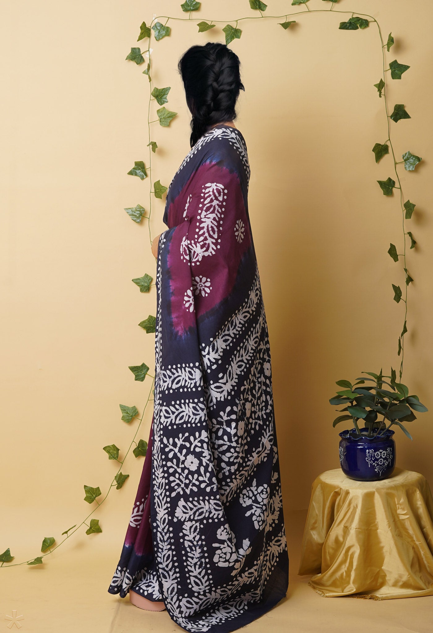 Dark Purple Pure Wax Batik Printed Superfine Mulmul Cotton Saree