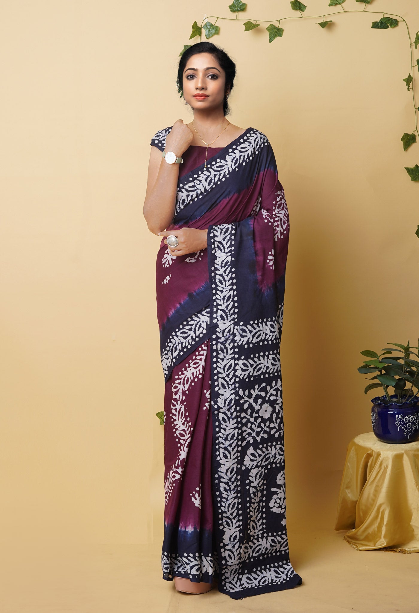 Dark Purple Pure Wax Batik Printed Superfine Mulmul Cotton Saree