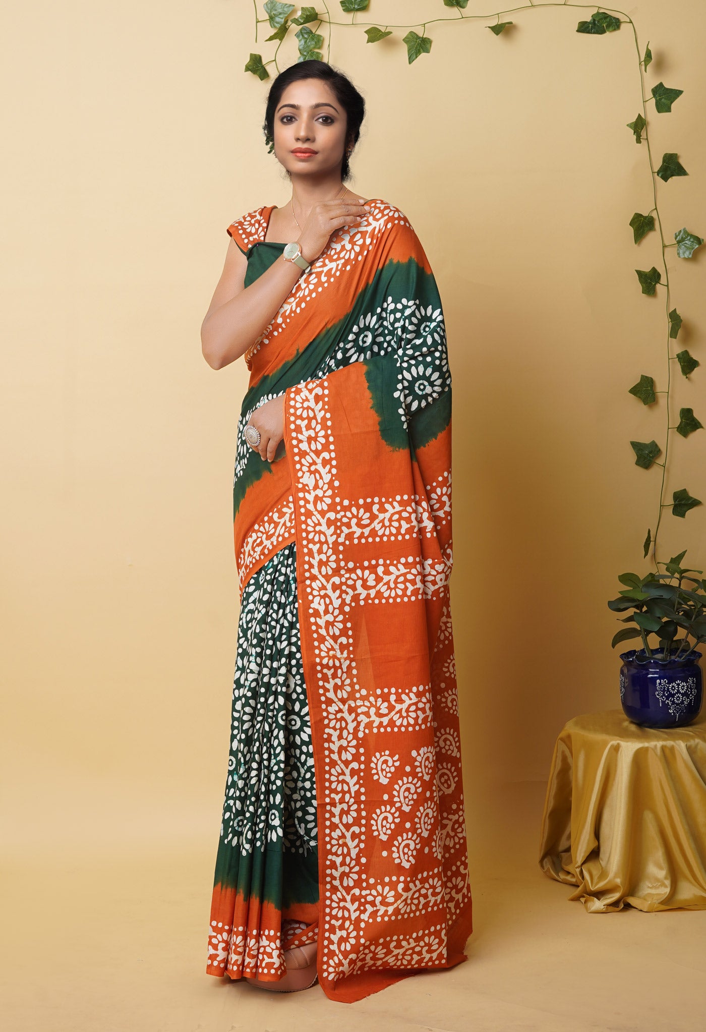 Green Pure Wax Batik Printed Superfine Mulmul Cotton Saree