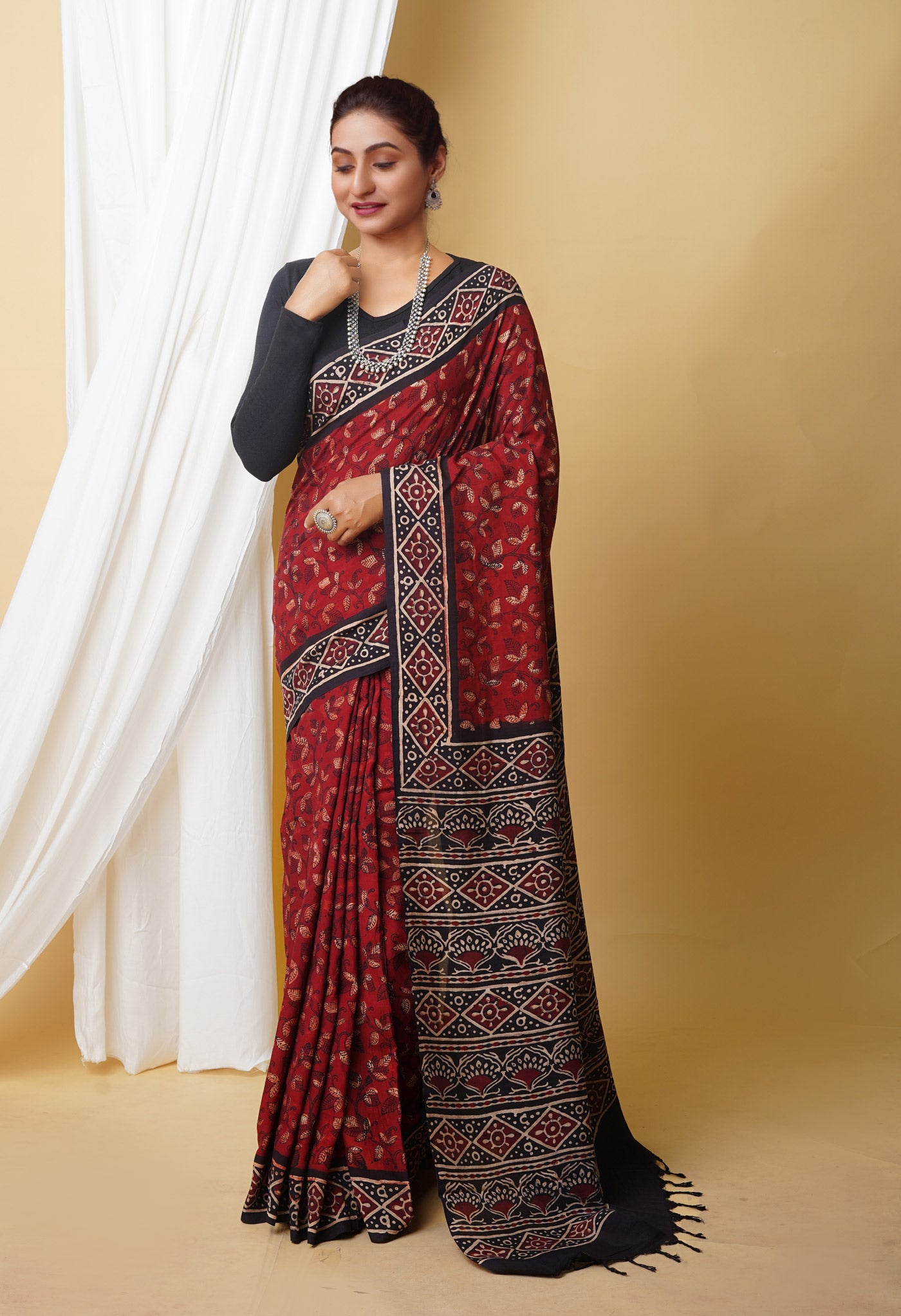 Red  Ajrakh Printed Soft Silk Saree