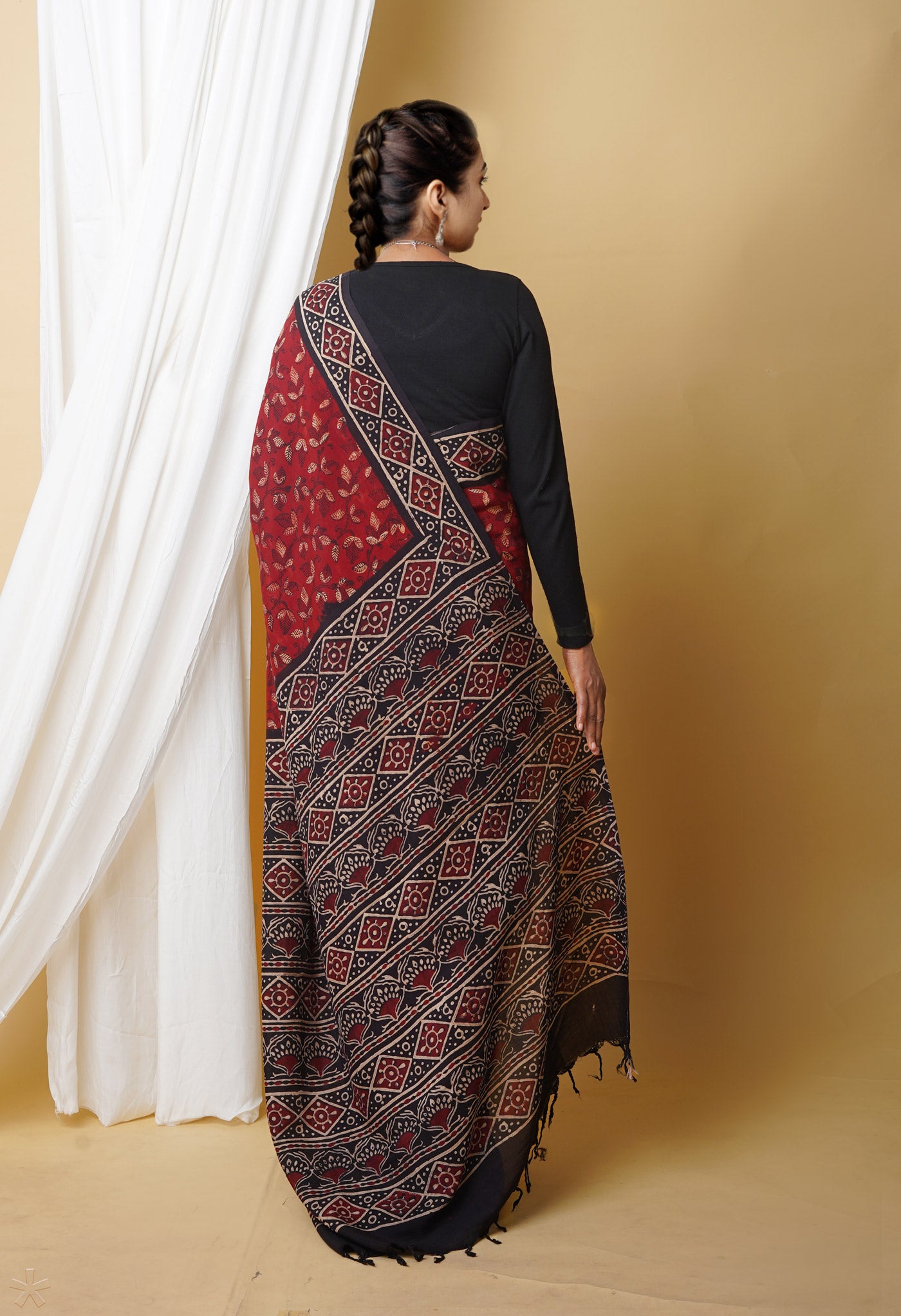 Red  Ajrakh Printed Soft Silk Saree