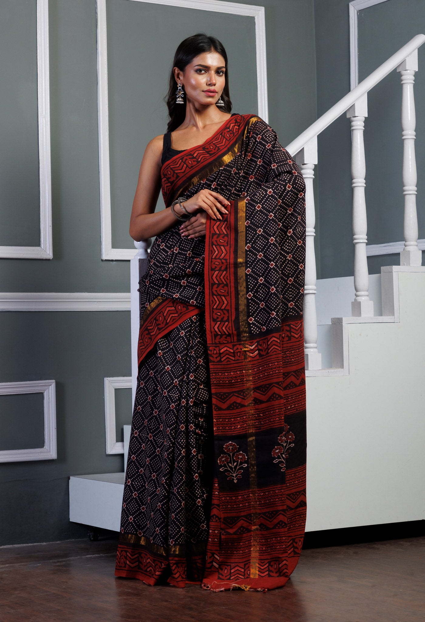 Black  Ajrakh Printed Soft Silk Saree