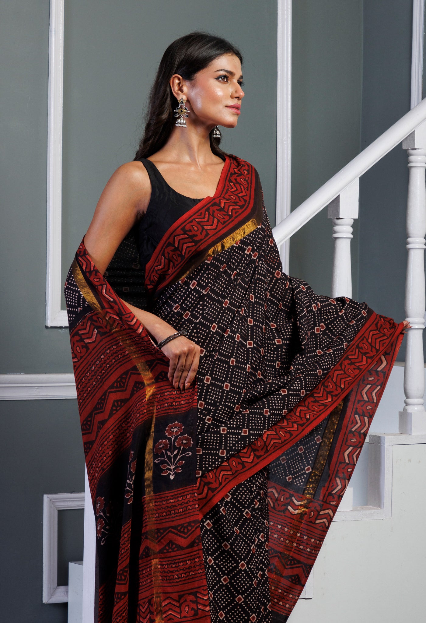 Black  Ajrakh Printed Soft Silk Saree