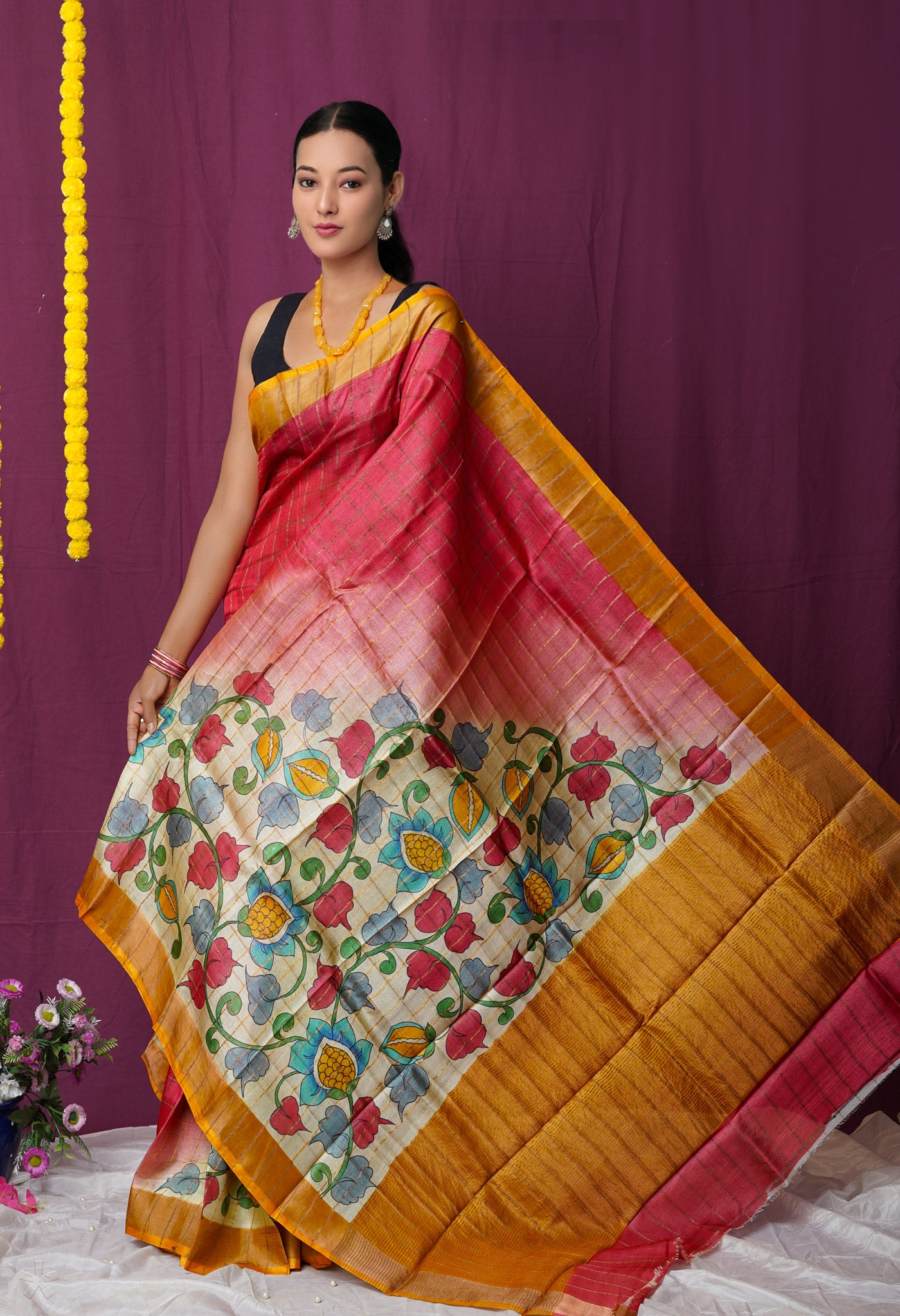 Red Pure Handloom Designer Printed With Zari Weaving Checks Bengal Tussar Silk Saree