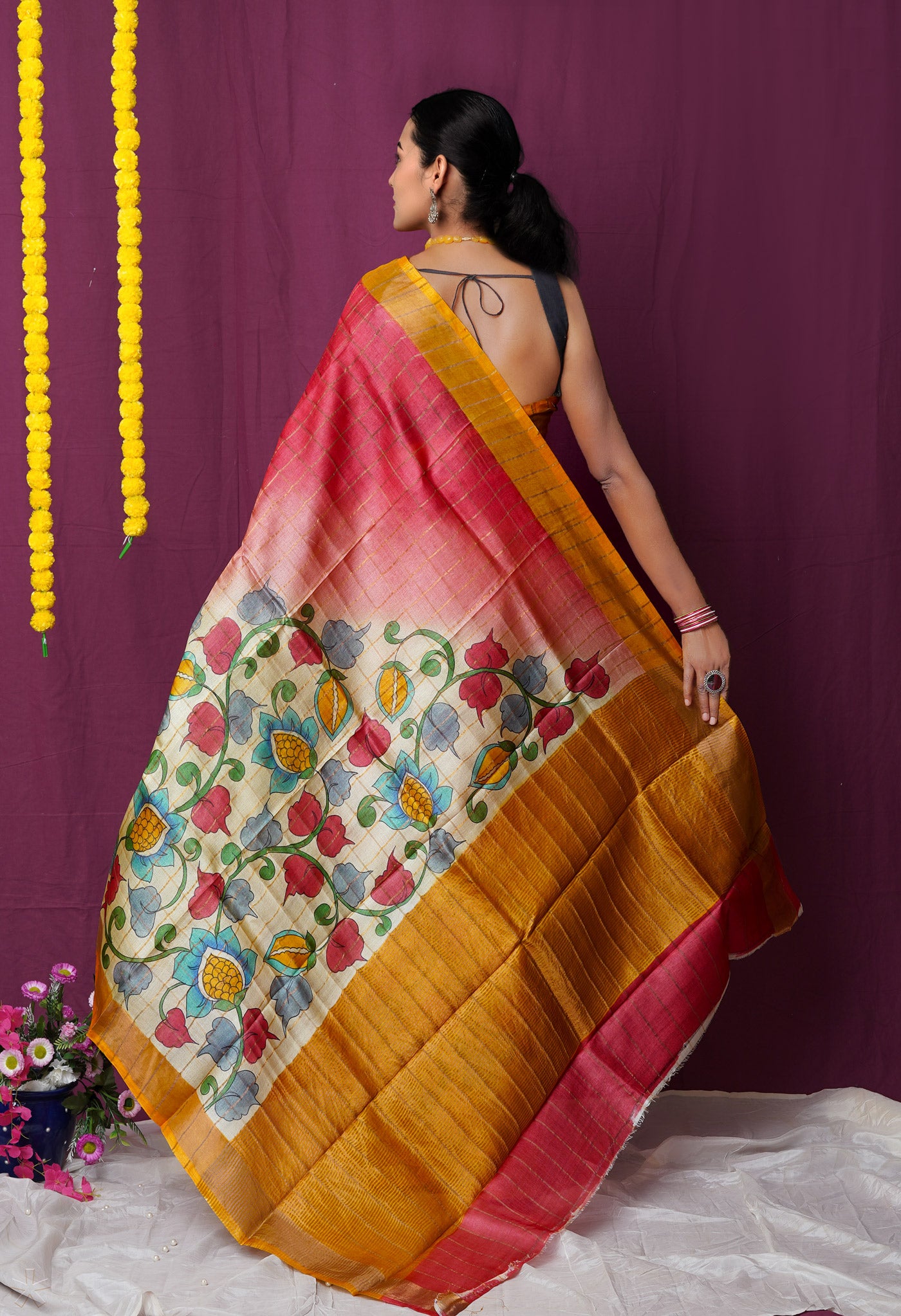 Red Pure Handloom Designer Printed With Zari Weaving Checks Bengal Tussar Silk Saree