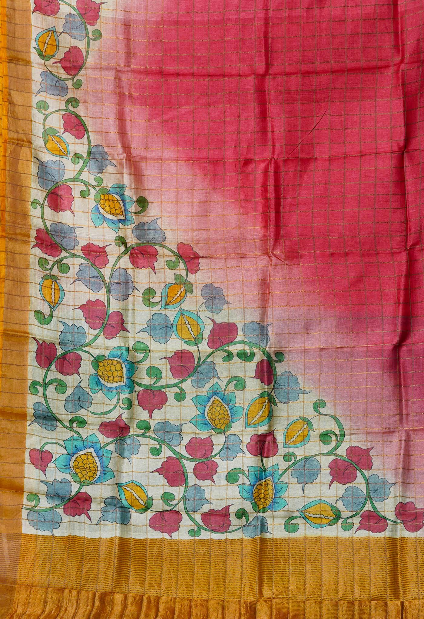 Red Pure Handloom Designer Printed With Zari Weaving Checks Bengal Tussar Silk Saree