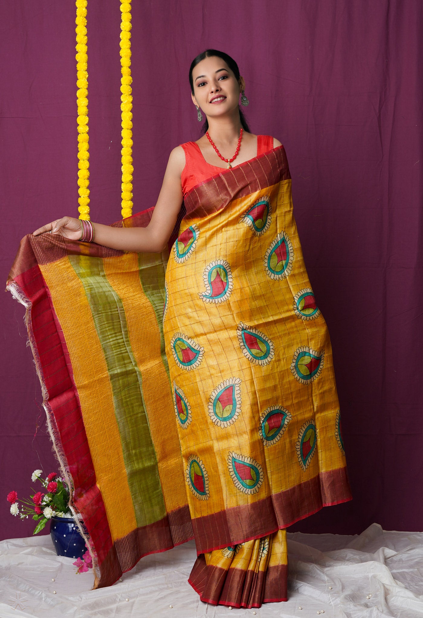 Yellow Pure Handloom Designer Printed With Zari Weaving Checks Bengal Tussar Silk Saree