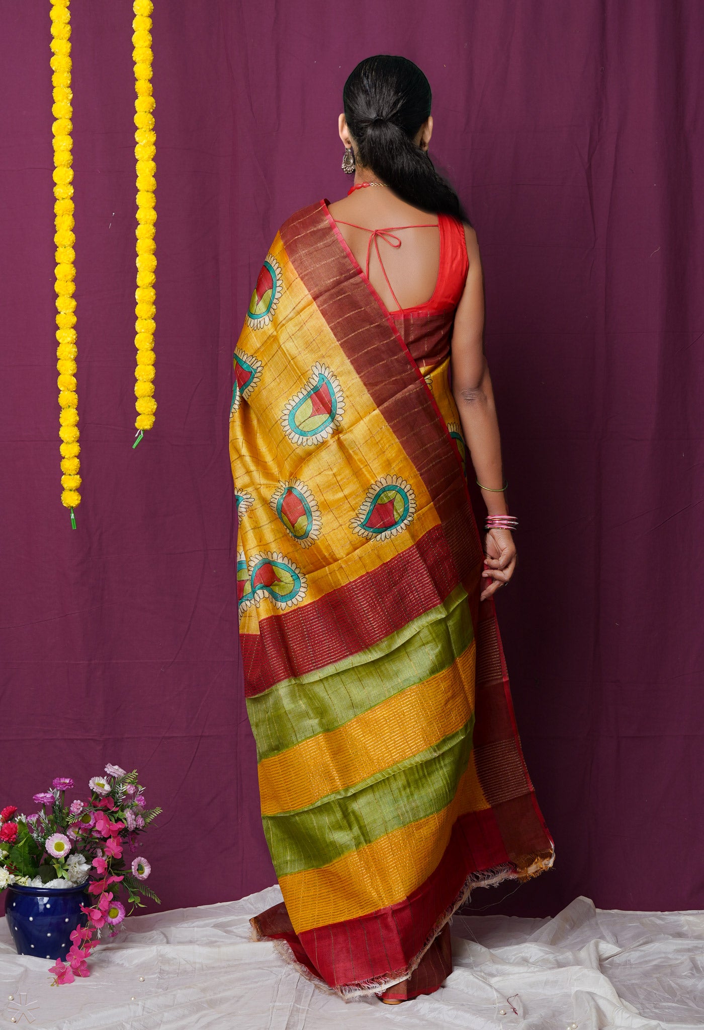 Yellow Pure Handloom Designer Printed With Zari Weaving Checks Bengal Tussar Silk Saree