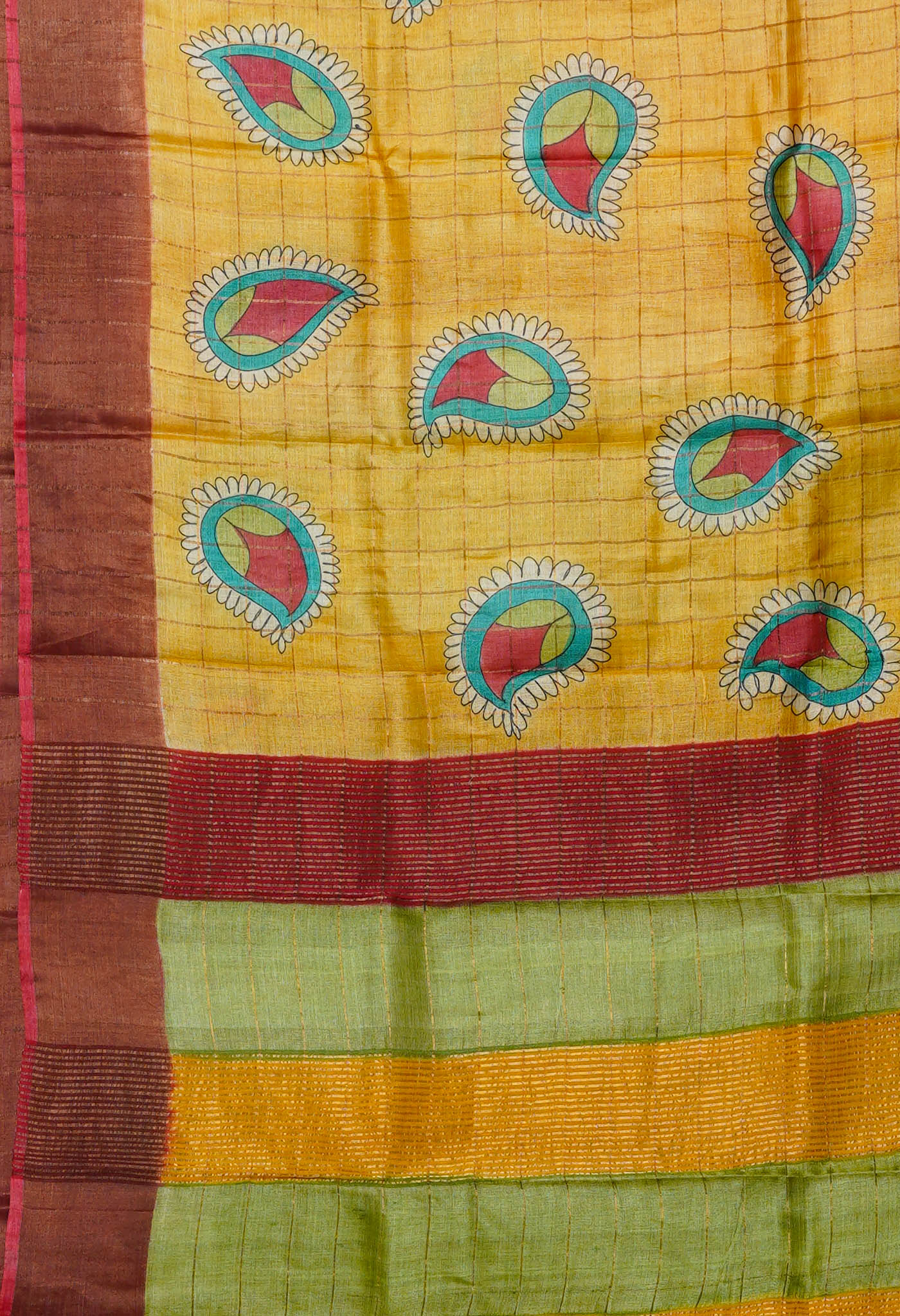 Yellow Pure Handloom Designer Printed With Zari Weaving Checks Bengal Tussar Silk Saree