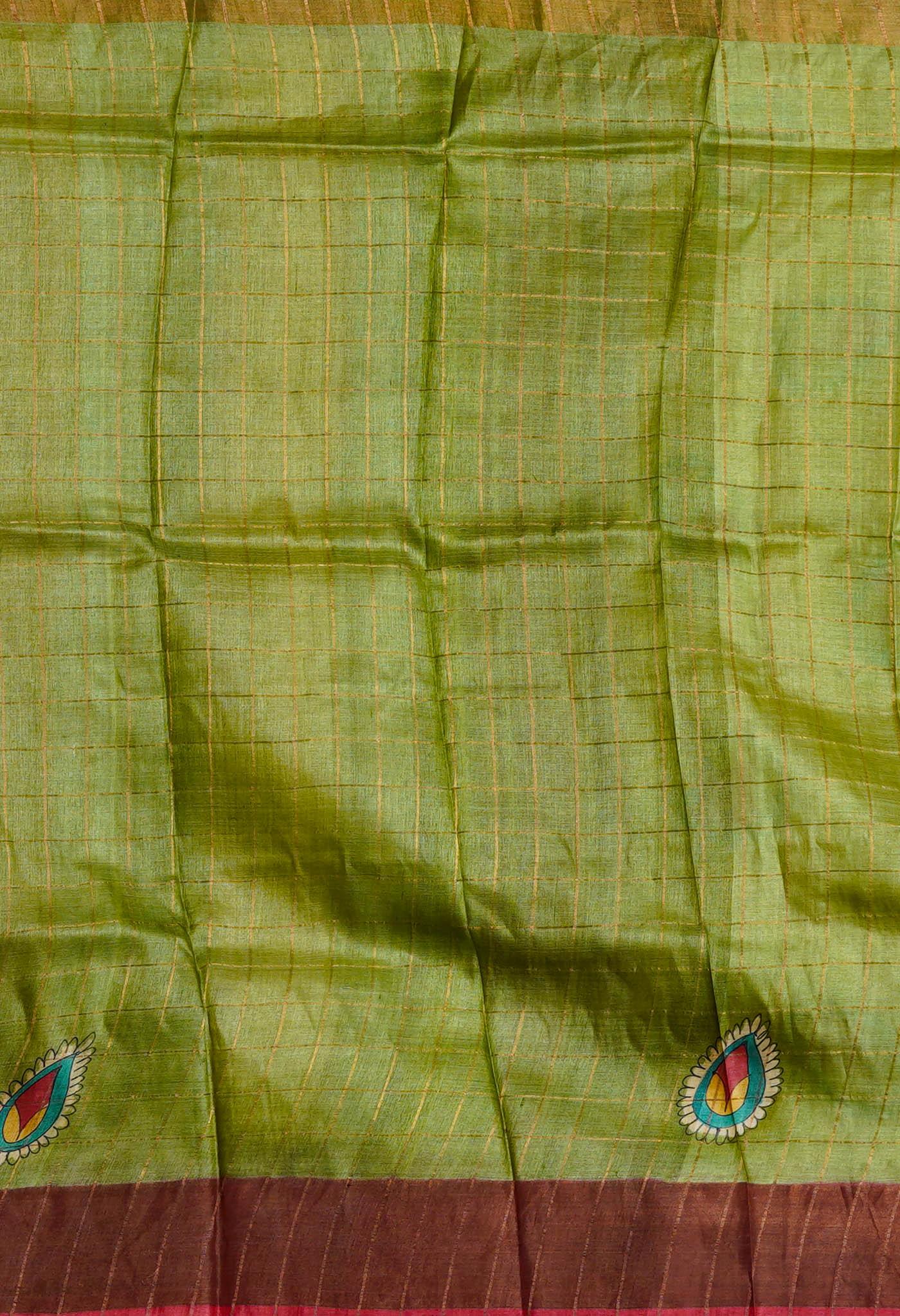 Yellow Pure Handloom Designer Printed With Zari Weaving Checks Bengal Tussar Silk Saree