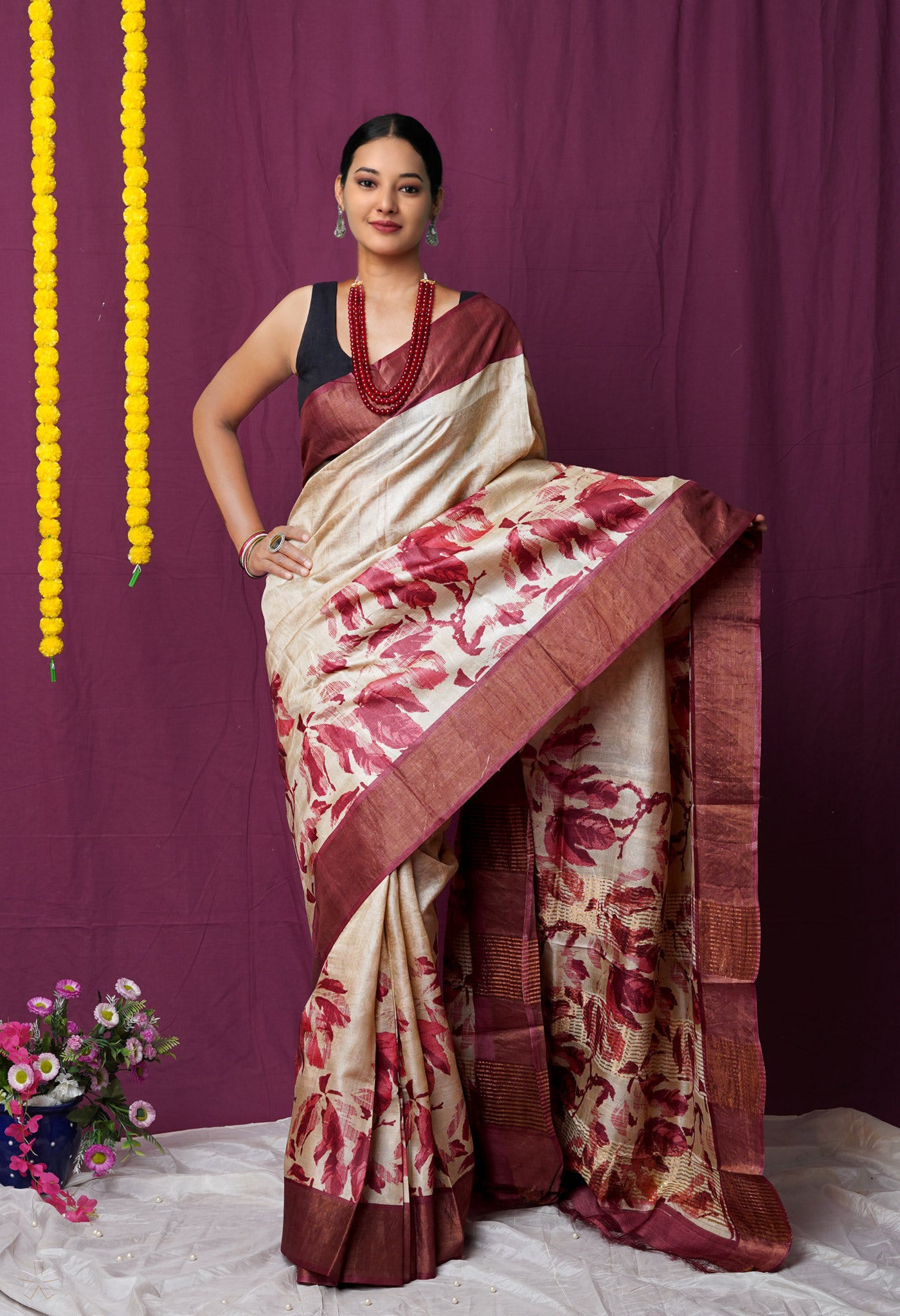 Cream Pure Handloom Designer Printed Bengal Tussar Silk Saree