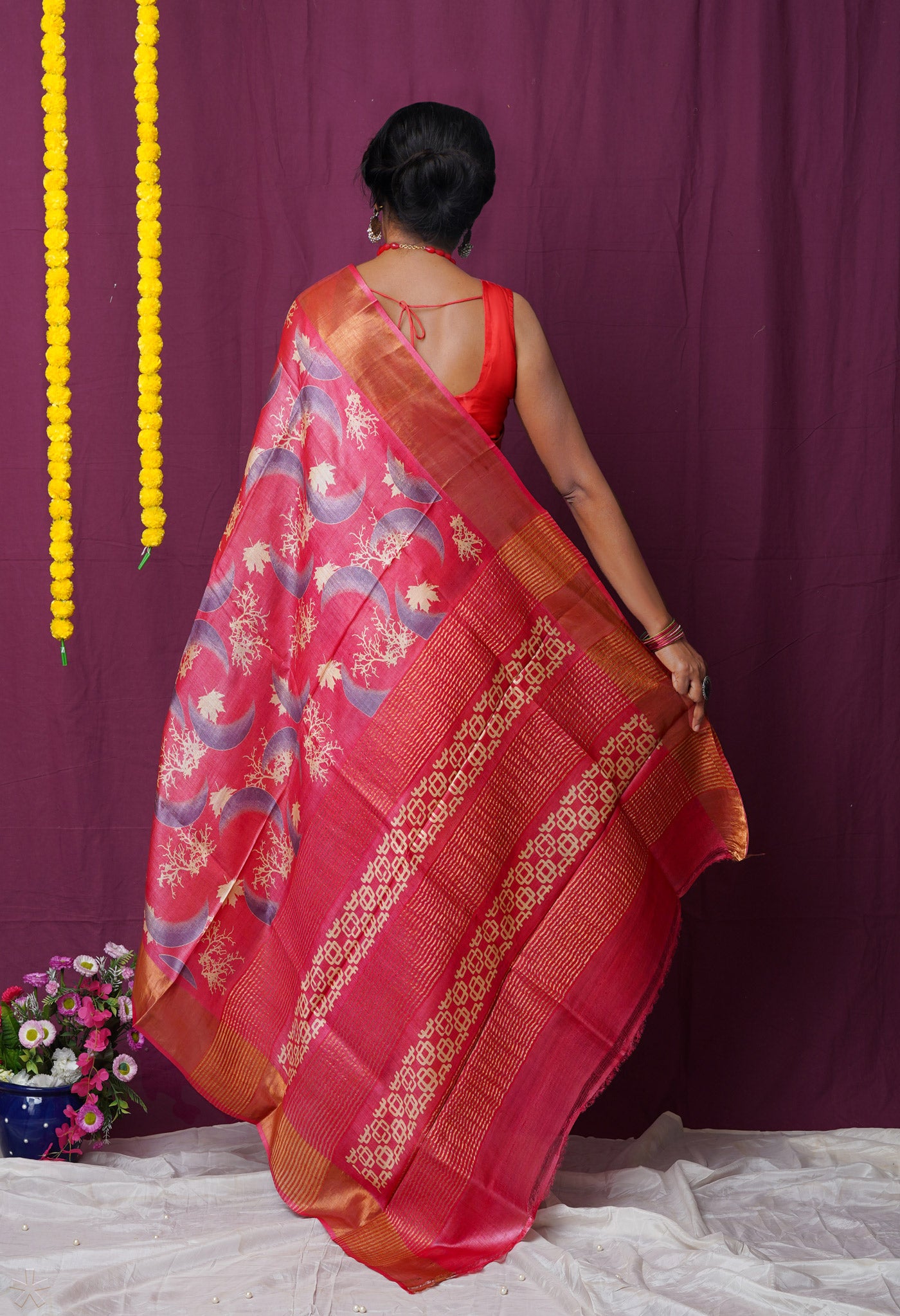 Pink Pure Handloom Designer Printed Bengal Tussar Silk Saree