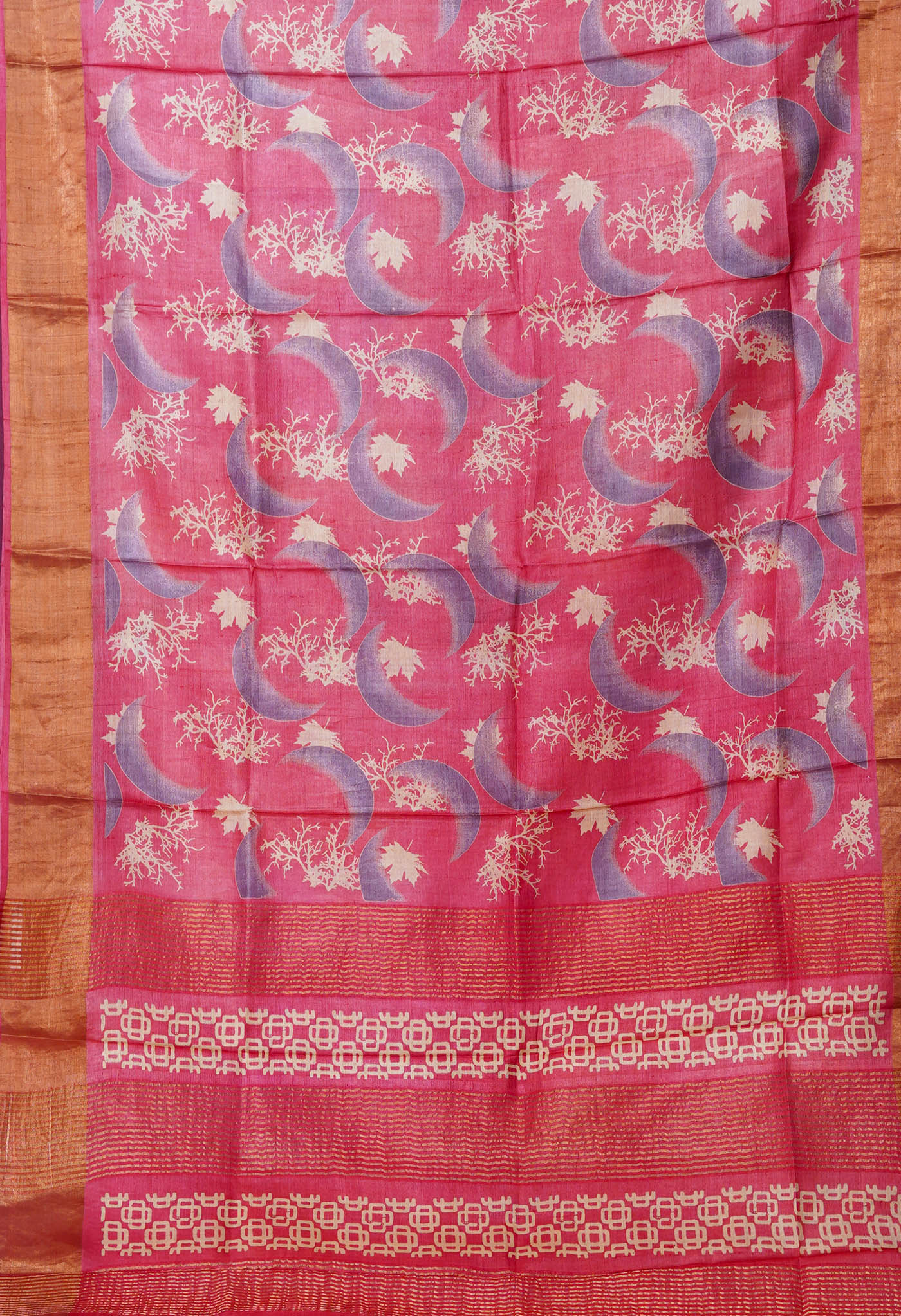 Pink Pure Handloom Designer Printed Bengal Tussar Silk Saree