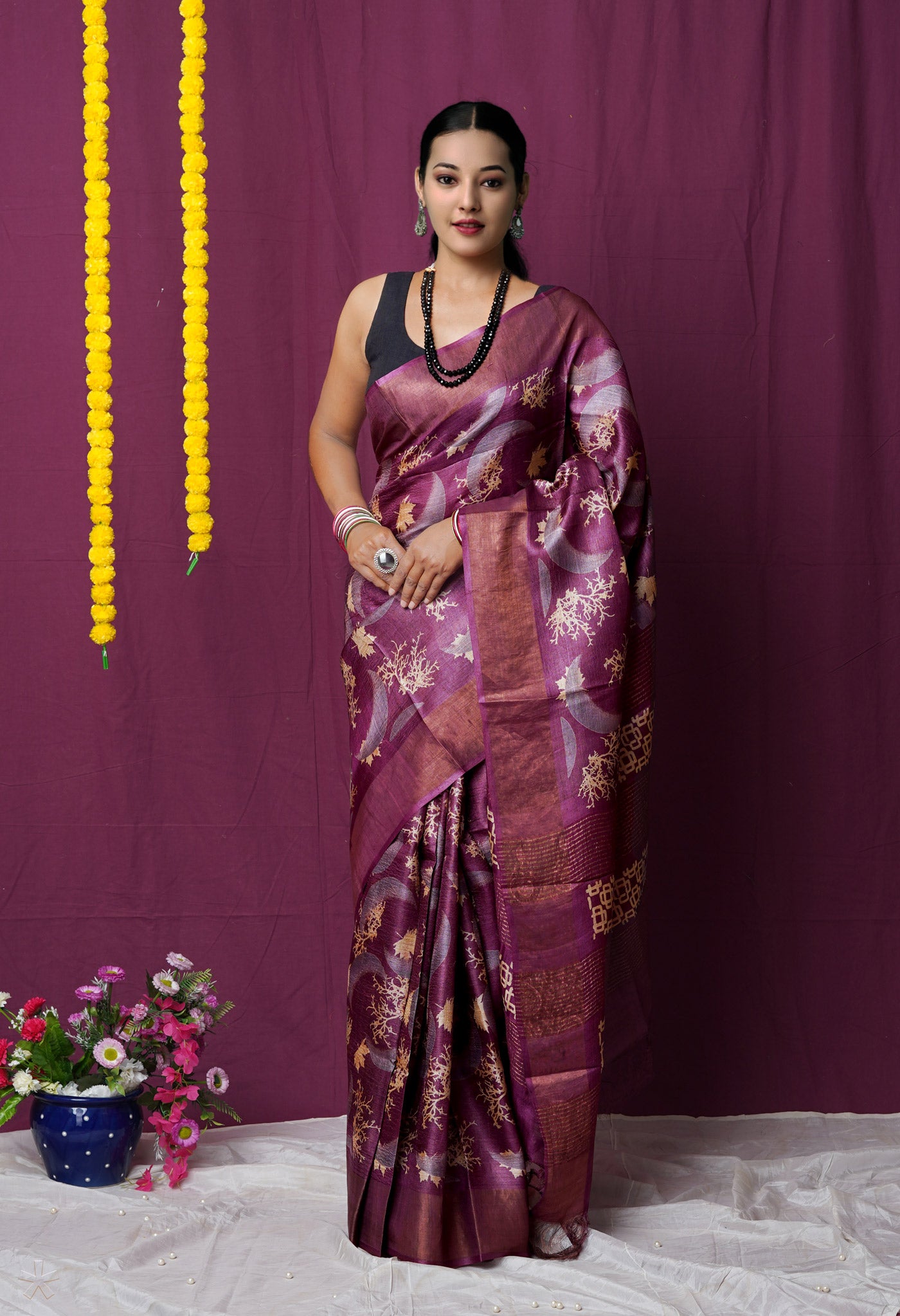 Purple Pure Handloom Designer Printed Bengal Tussar Silk Saree
